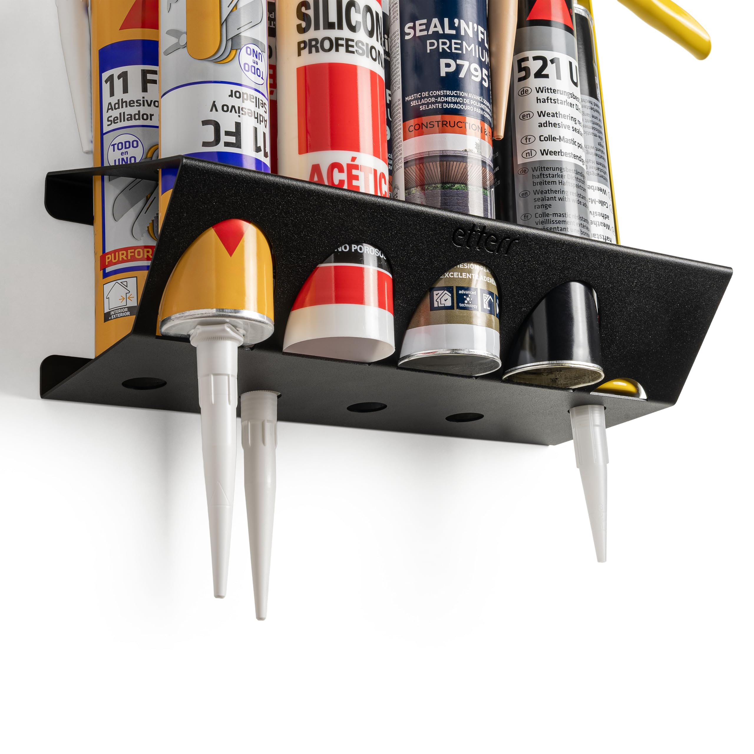 Supporto a Parete per Cartucce di Silicone e Pistola | 8 Vani + 1 Pistola | 100% Acciaio Rinforzato | Organizzatore Mensola Scaffale per Officina, Garage, Furgone | Fabbricato in Europa |