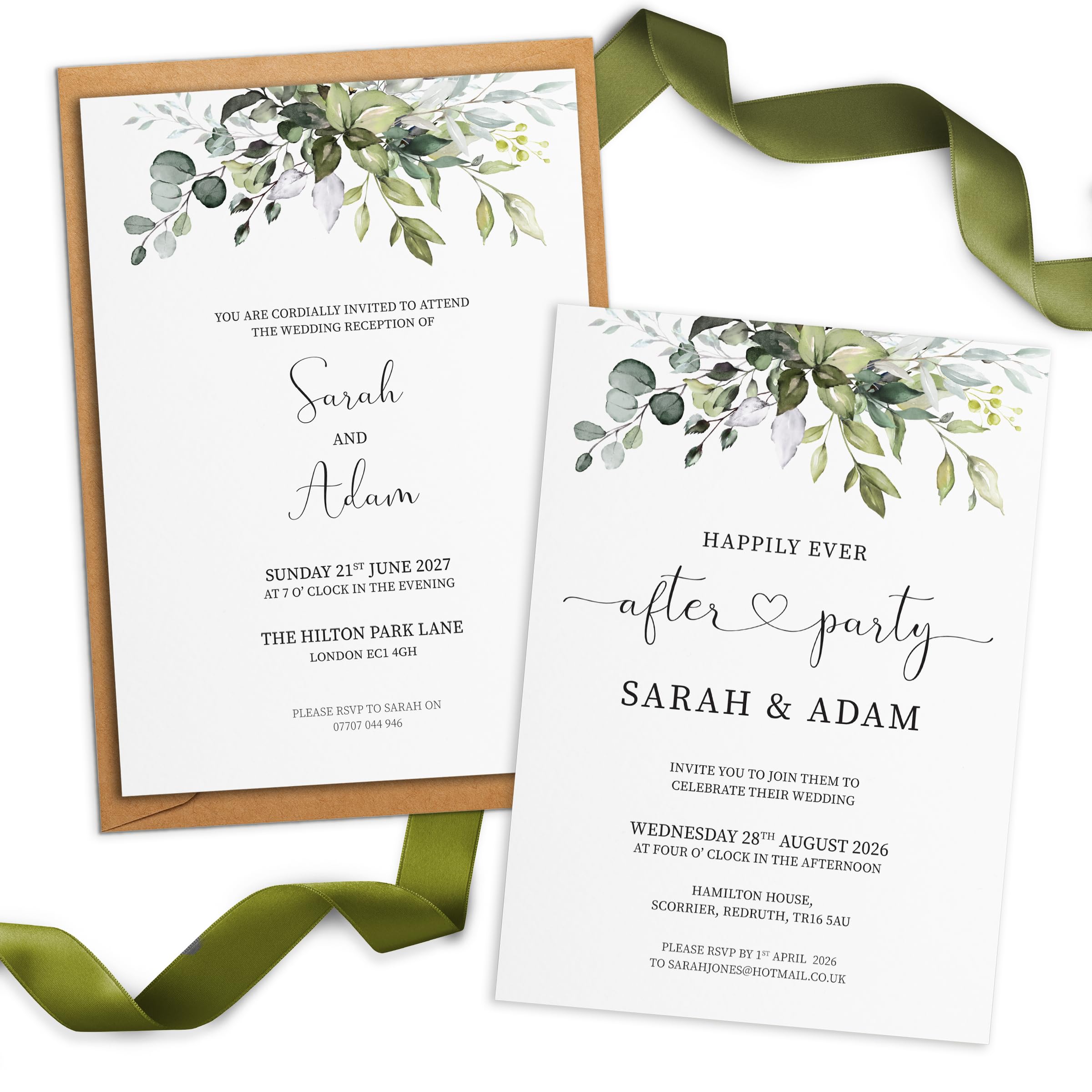 Personalised Eucalyptus Wedding Stationery Suite – 5x7 or A6 Wedding Invitations, RSVP, Details & Menu Cards. (Reception Invite, A6)