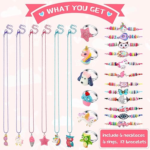Miniatura 3 de Juego de 24 piezas de joyería para niñas pequeñas, collar de unicornio para niños, lindo anillo tejido de pulsera para niñas, regalo de fiesta de