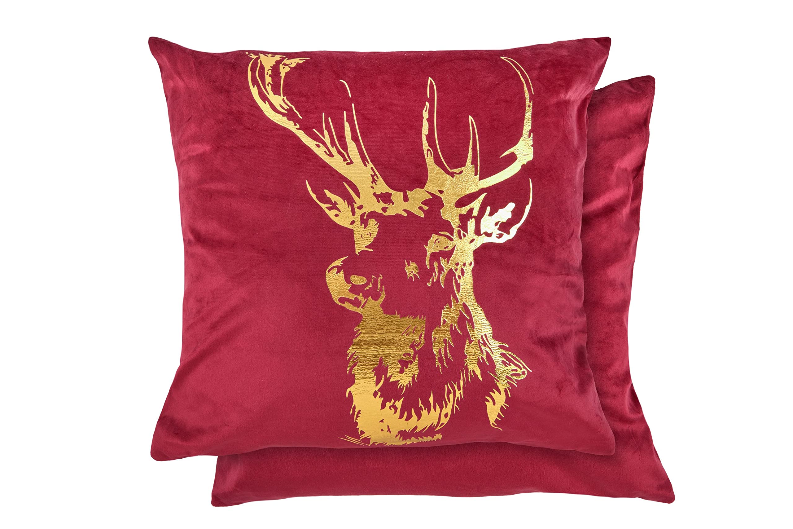 Emma Barclay Bordeaux Velvet Stag - Soft Plush Velvet Cushion Cover With Foil Print In Red - 17X17 (43X43cm)