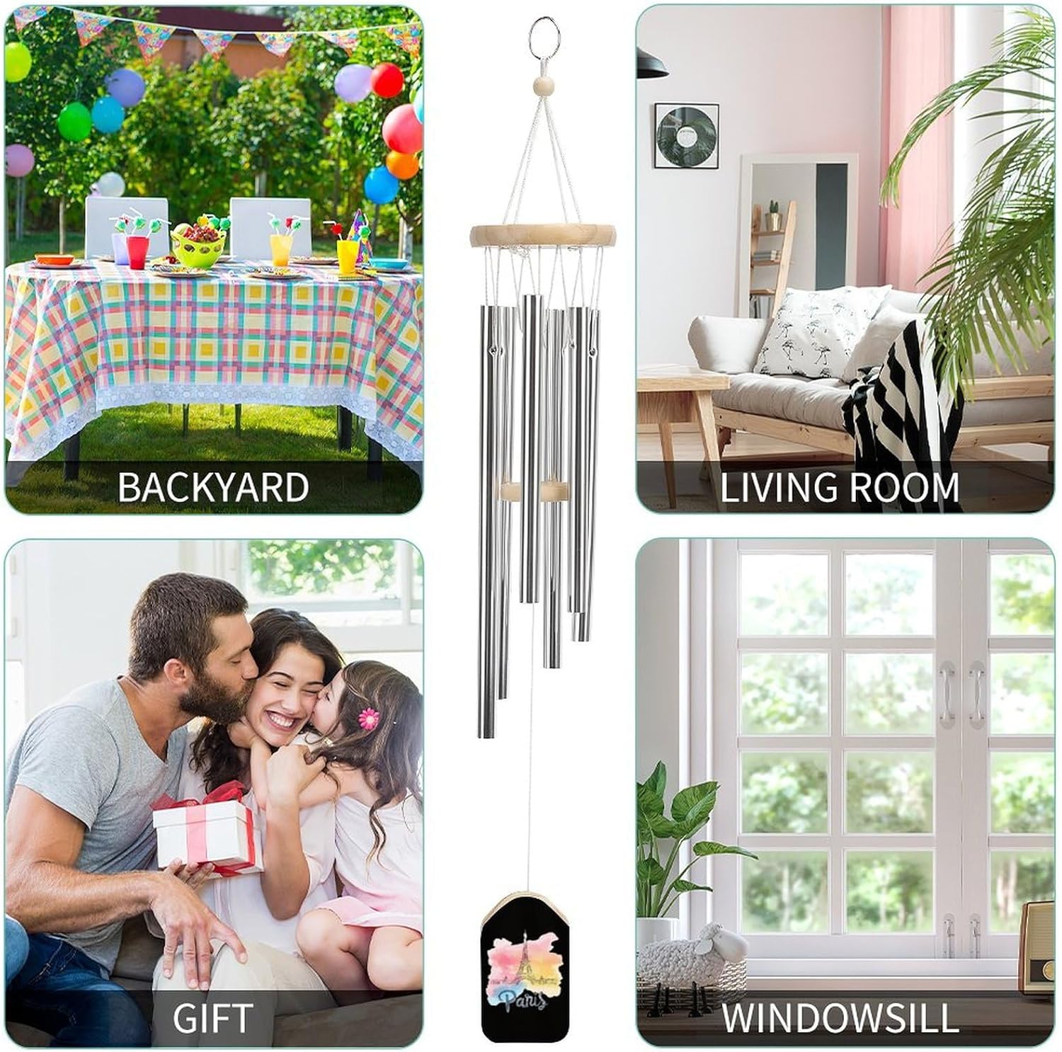 Vintage Paris Eiffel Tower Wooden Wind Chimes Deep Tone Memorial Windchime for Outside Garden Home Decoration