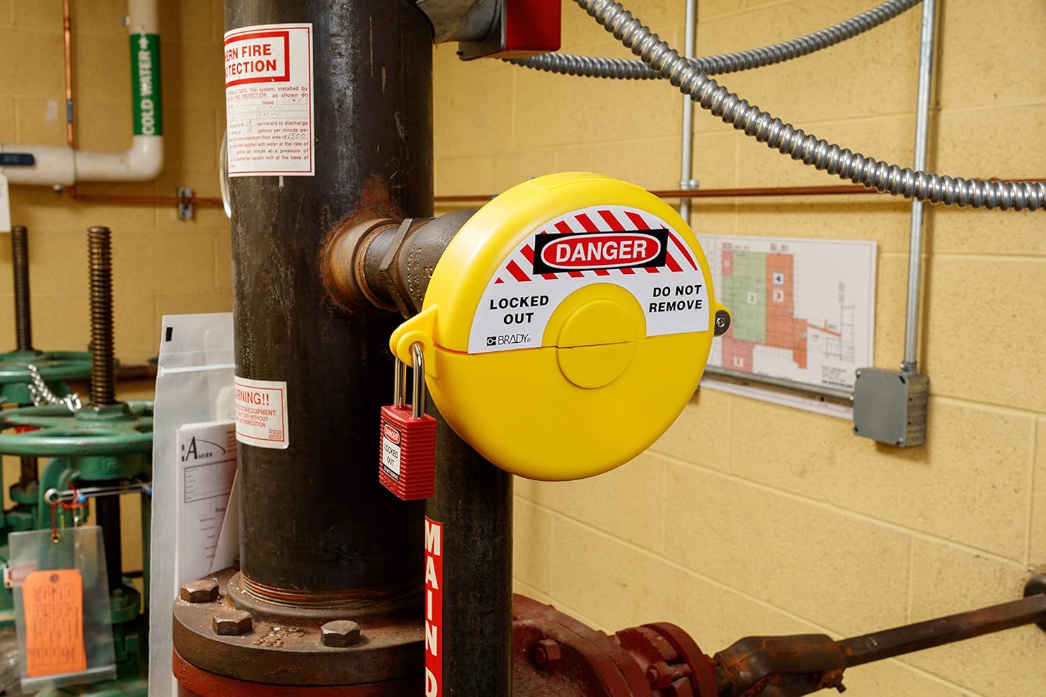 Brady 65593 Hinged Gate Valve Lockout, Yellow, for 6-1/2" - 10" Valve Handle Diameters