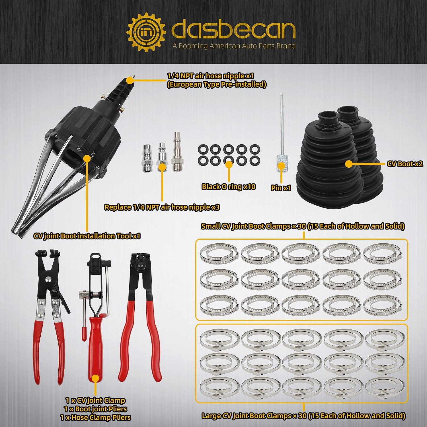 Dasbecan Pneumatic CV Joint Boot Installation Tool Kit, Universal CV Boot Expander Spreader, Includes CV Boots, Clamp Pliers & Clamp Assortment (Black)