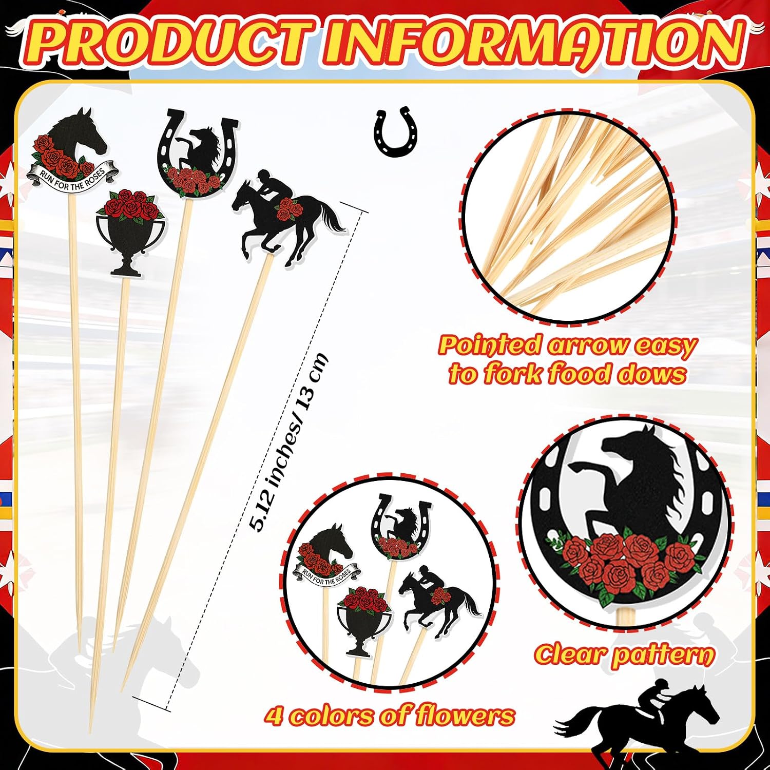 Pickmesh 400 Pcs Horse theme Cocktail Picks for Derby 5.3 Inch Horse Racing Cocktail Skewers Bamboo Horseshoe Toothpicks for Appetizer Food Drink Fruit Cupcake Toppers Party Supplies (Elegant Style)