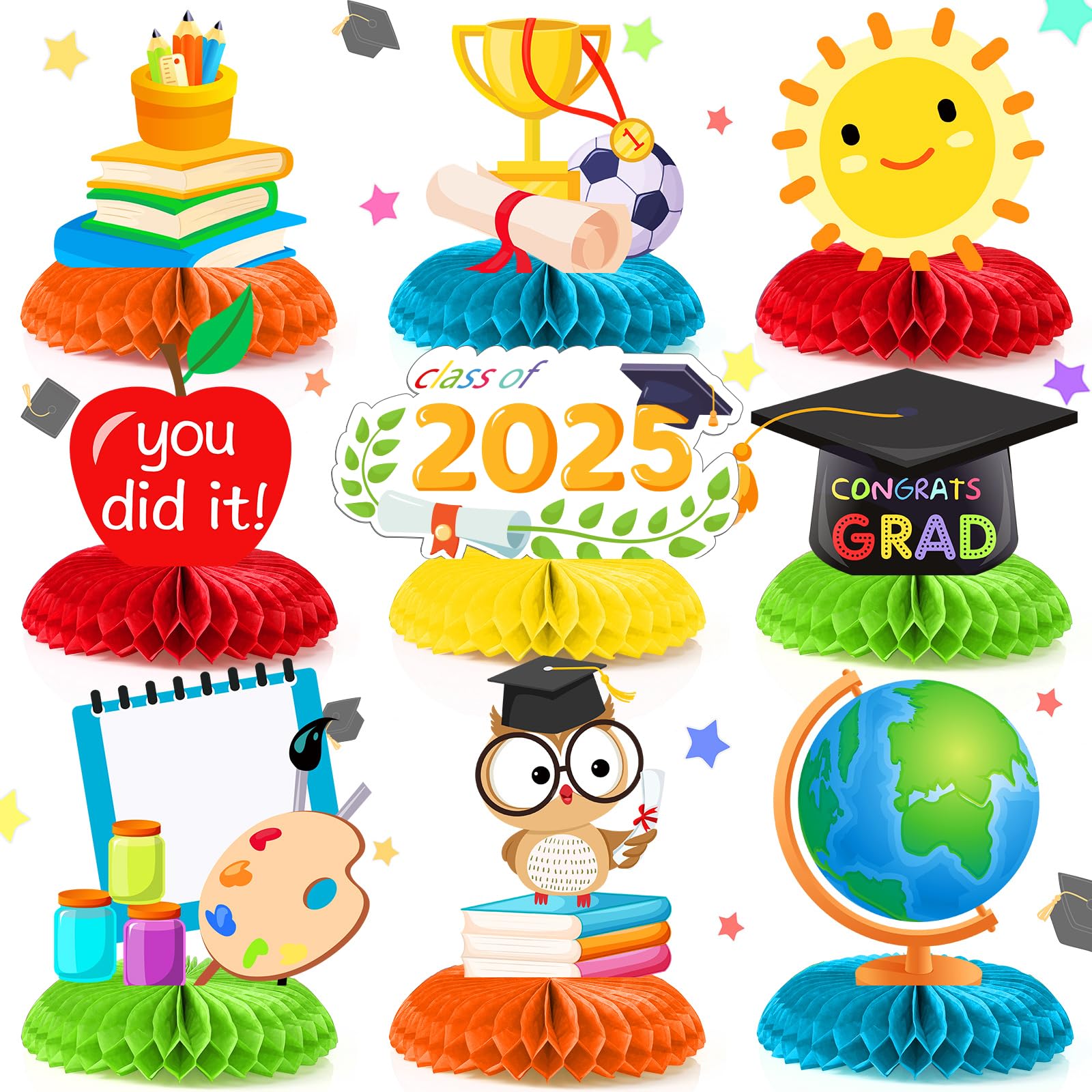 Leinuosen 9 Pcs 2025 Pre K Graduation Honeycomb Centerpieces, Cute Graduation Table Decorations Congrats Grad You Did It Party Decor Double Sided Table Toppers Party Supplies
