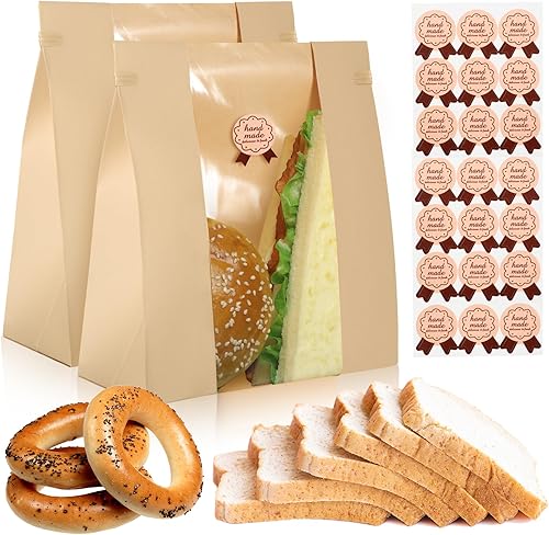 Paquete de 200 bolsas de pan de papel kraft grandes de 7.9 x 11.8 pulgadas con ventana frontal transparente y bloqueo de lengüeta de lata, bolsas de