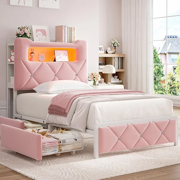 Twin Upholstered LED Bed Frame with 2 Storage Drawers and 2-Tier Storage Bookcase Headboard, Velvet Princess Platform Bed for Kids/Girls/Boys, Corner Bed Frame, Heavy Duty Metal Support, Pink