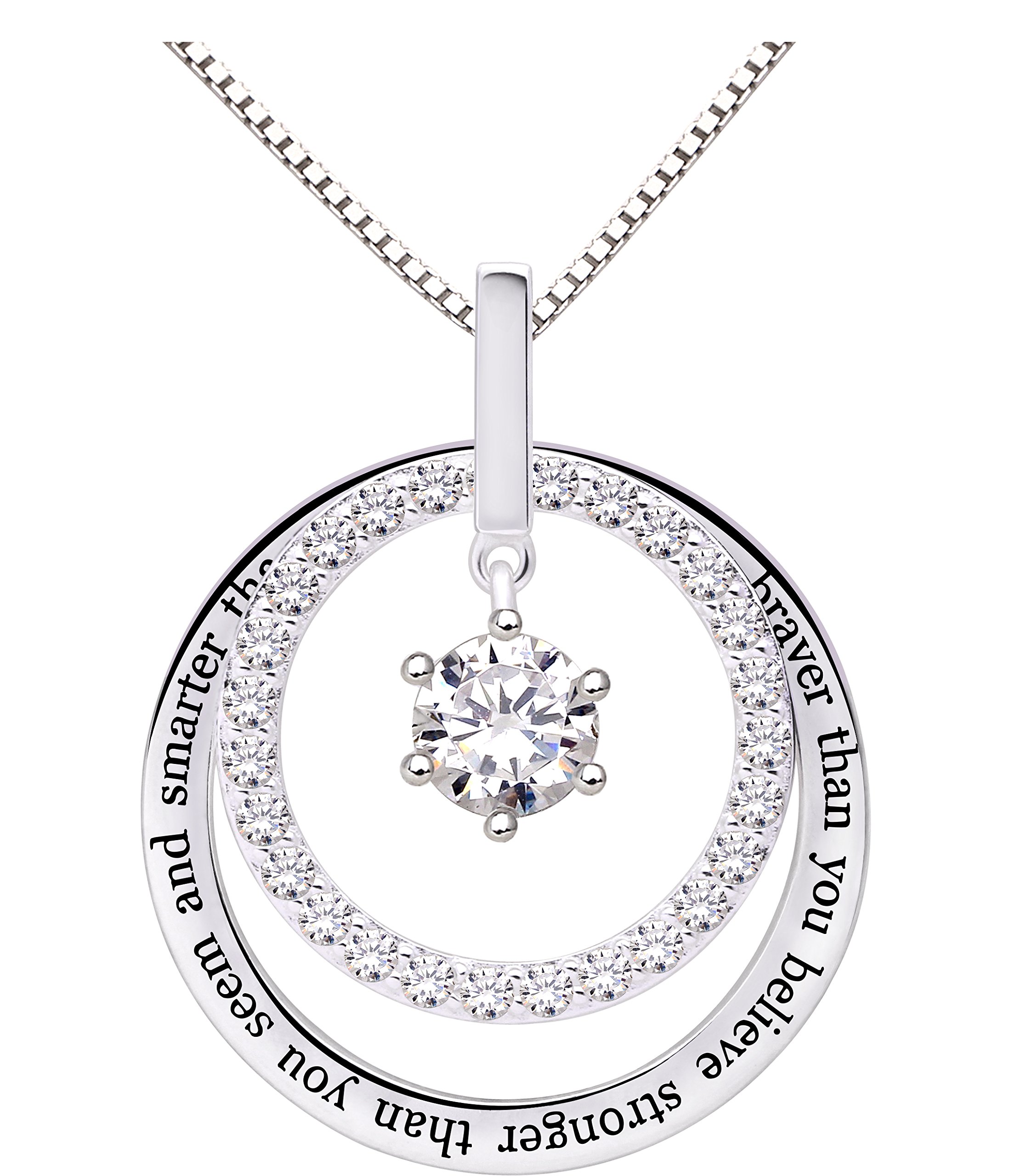 ALOV Jewelry Sterling Silver "You are braver than you believe stronger than you seem and smarter than you think" Cubic Zirconia Pendant Necklace