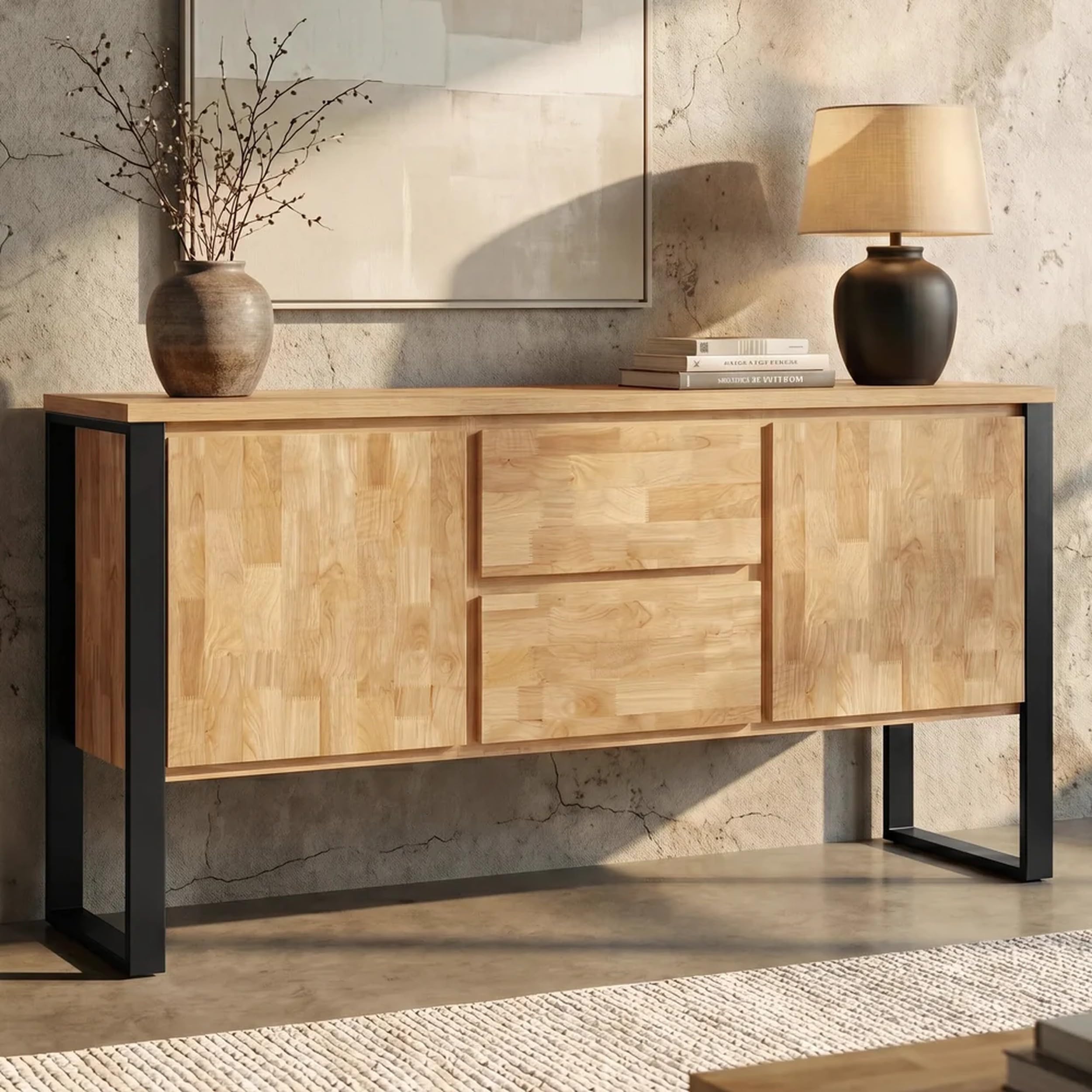 Blisswood Modern Industrial Sideboard 150cm, Solid Wood Top with Metal Legs, 2 Door Cupboard & 2 Drawer Unit, Adjustable Internal Shelves, Anti-Tip Storage Cabinet for Entryway & Hallway, Mango Wood
