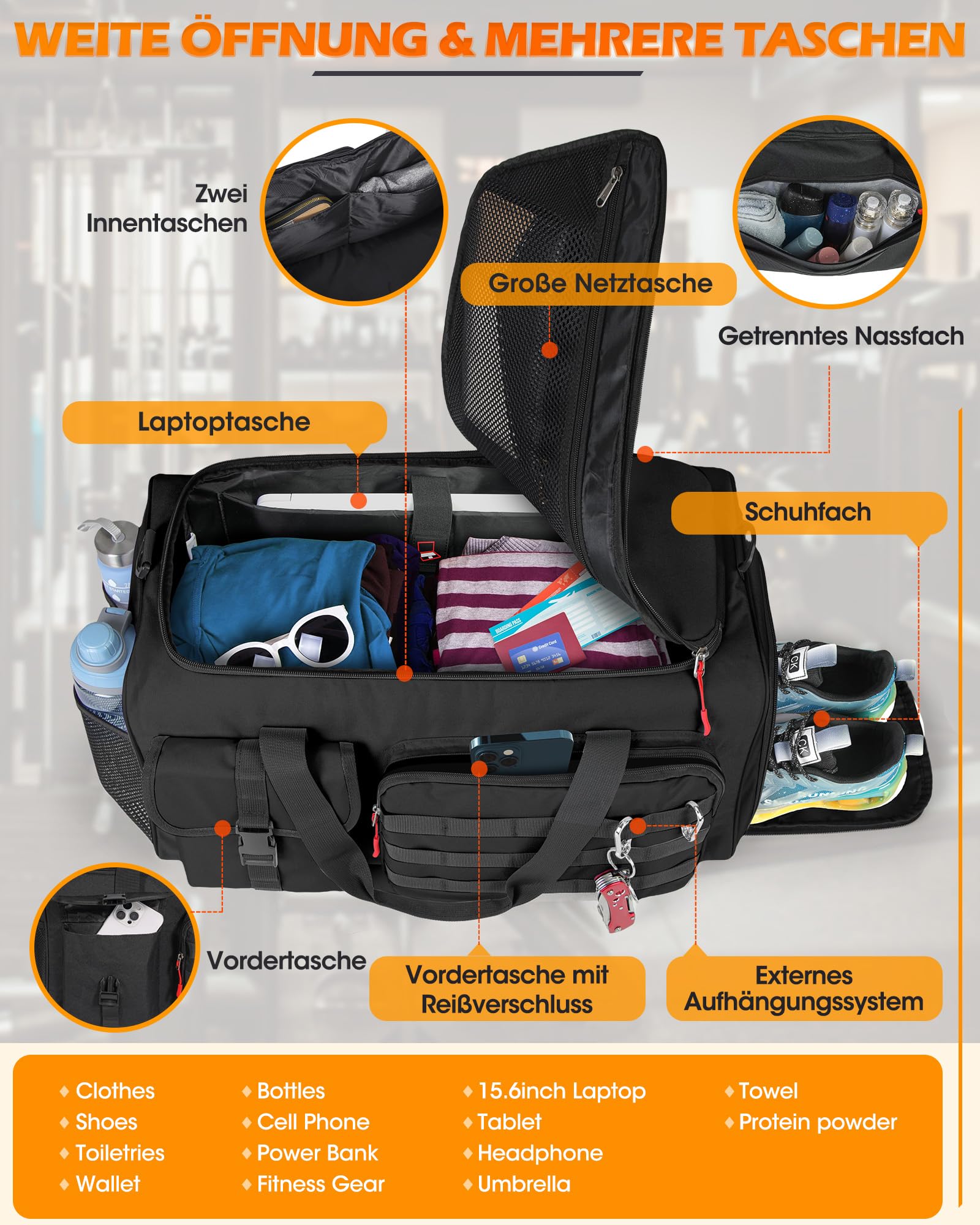 RAINSMORE 3 IN 1 Sporttasche Herren 45L Reisetasche Rucksackfunktion | Handgepäck Groß mit Schuhfach Latopfach und Nassfach Fitnesstasche Trainingstasche für Gym Reisen Weekender