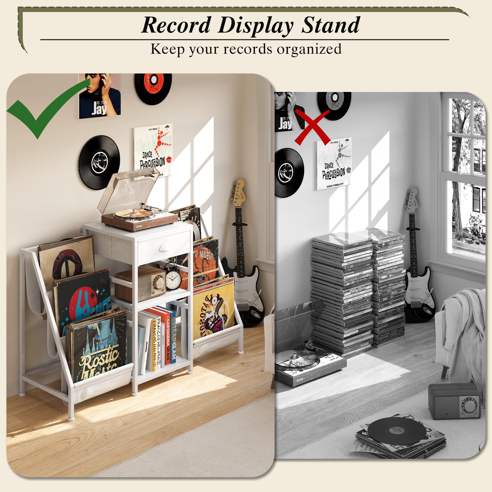 Plattenspieler Ständer Weiß mit Schublade – Vinyl Aufbewahrung für bis zu 280 LPs – 3 Ebenen Schallplattenständer mit Stoff Halterungen – Moderner Turntable Stand & Medientisch für Wohnzimmer