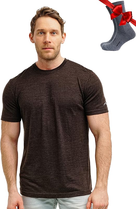 Merino Wool T-Shirt Mens - Merino Wool Undershirt Thermal Shirt for Men and Hiking Socks