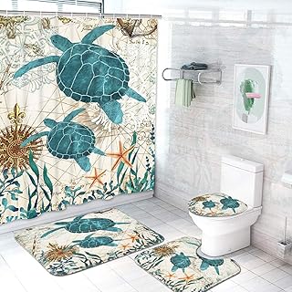 Sea Turtle Shower Curtain with Non-Slip Rugs Toilet Lid Cover and Bath Mat, Ocean Creature Landscape Bathroom Curtain with...