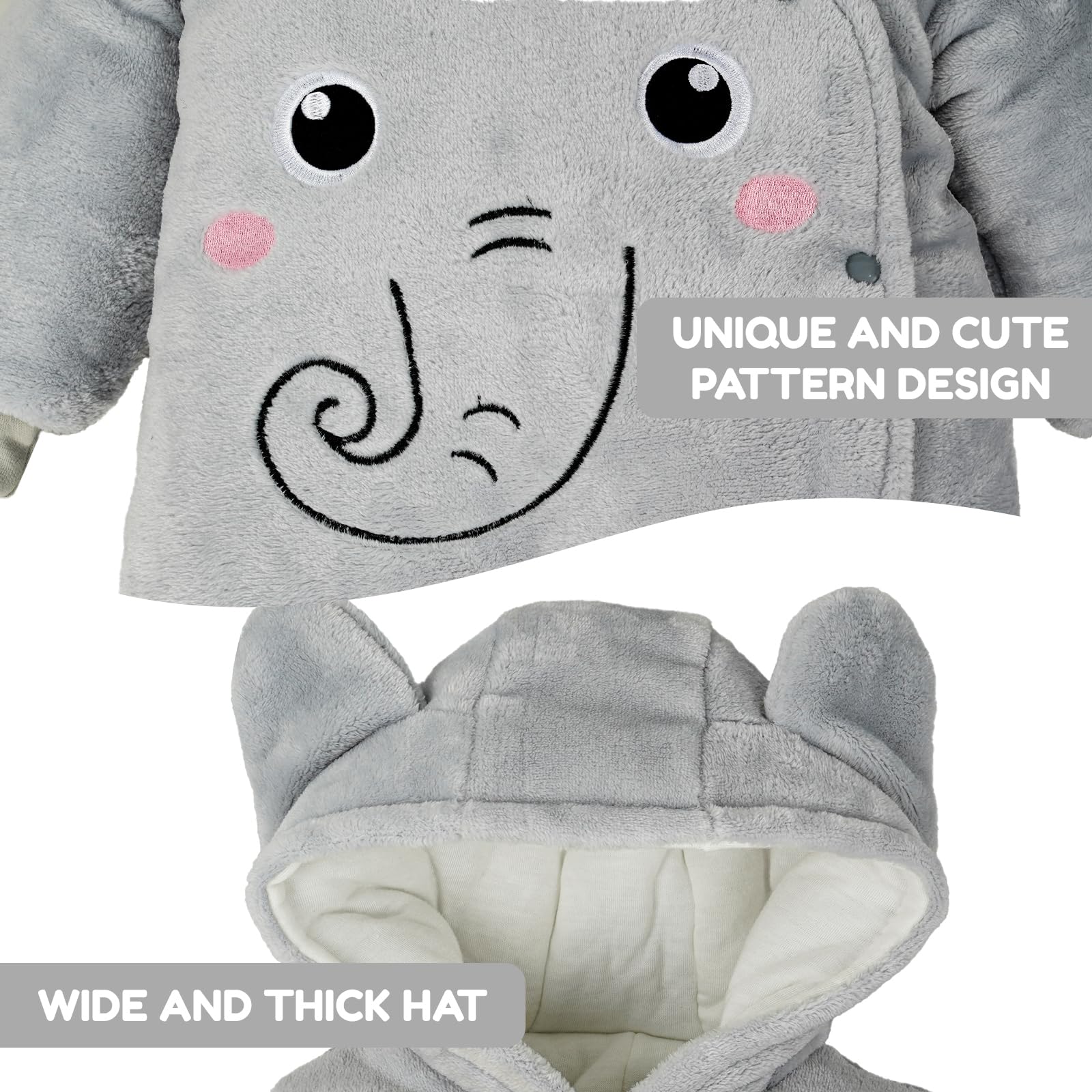 Tuta invernale in pile con cappuccio, per bambini, abbigliamento caldo, da 0 a 3 mesi, motivo elefante grigio