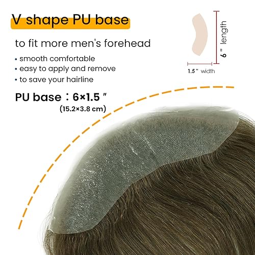 Miniatura 9 de Lordhair Toupee para hombres  Sistema de cabello humano frontal en forma de V, línea de cabello natural, repuesto de 6 x 1.5 pulgadas, negro natural