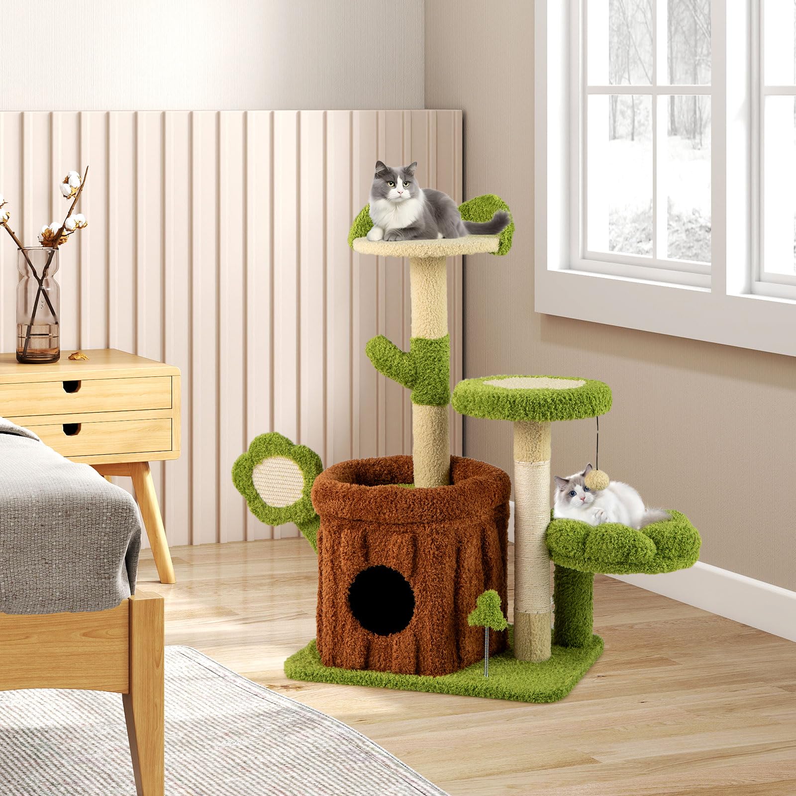 GYMAX Torre Albero per Gatti da Interno, Gioco Multi-Livello per Animali con Piattaforma, Condominio, Tavolette per Graffiare a Petalo, Pali Graffianti in Sisal, Palline Pendenti