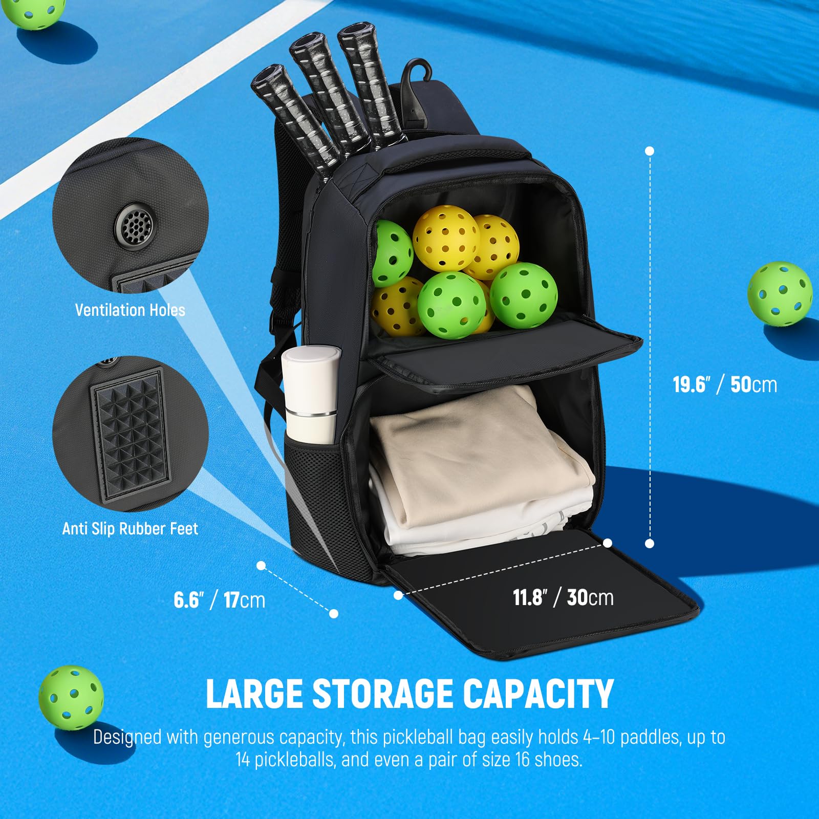 Pickleball Backpack for Men and Women, Suitable for 2 to 4 Paddles, Shoe Compartment, Fence Hook, Storage Compartments for 2 Water Bottles, Pickle Balls, Clothing, Racket, Pickle Bag, Water Resistant