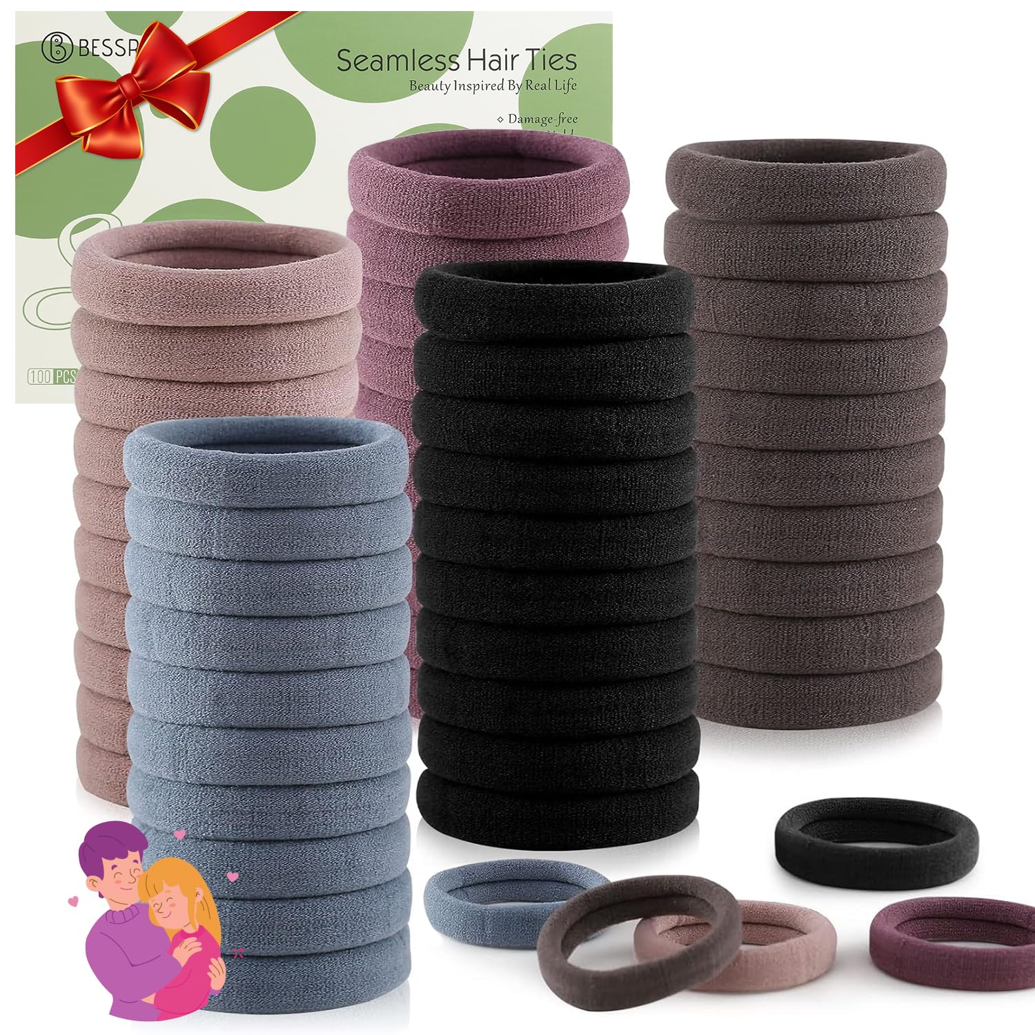 100 Pcs Thick Seamless Hair Ties, Ponytail Holders Hair Accessories No Damage for Thick Hair, Valentine's Day Valentine's Day Gift (Natural Colors)