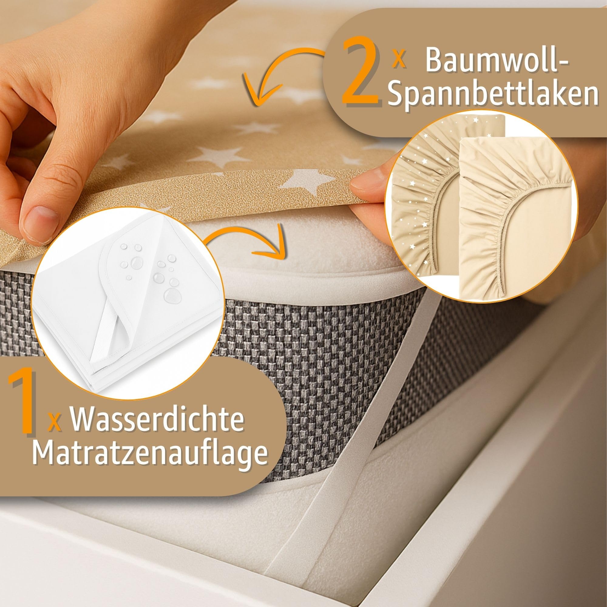 Lenzuola con angoli per passeggino: Set di 3: 75 x 35 cm - 2 lenzuola + 1 coprimaterasso impermeabile - Accessori per lettino per culla co-sleeping carrozzina Beige con stelle bianche