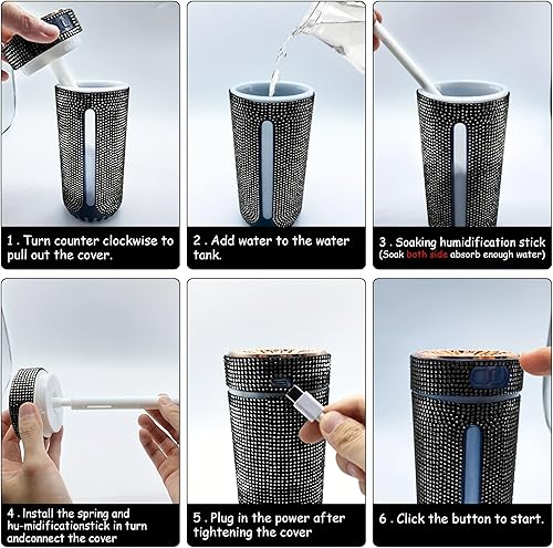 Miniatura 8 de Humidificador de coche con diamantes de imitación, humidificador USB de aceite esencial para coche, humidificador de aromaterapia, portátil, mini