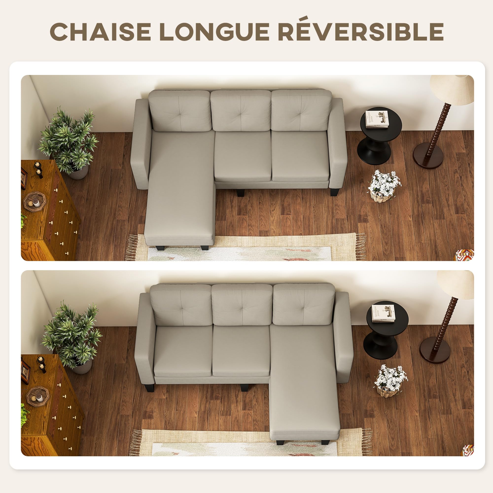 HOMCOM Divano angolare a 3 posti, reversibile a destra o sinistra, soggiorno, grande comfort, schienale imbottito, beige