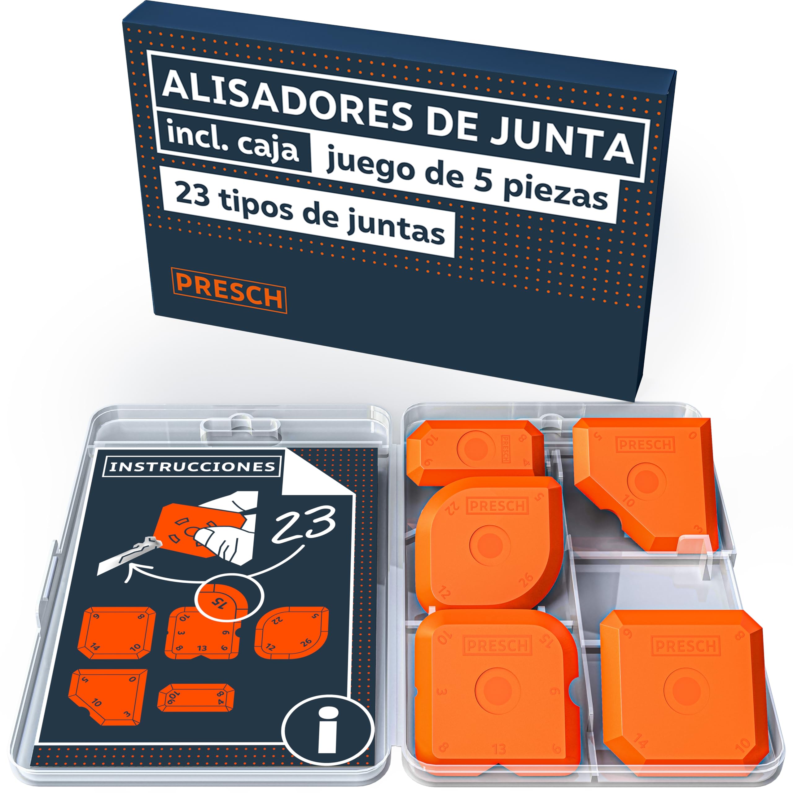 Presch Set de alisadores de juntas 5 pzs. con caja - Juntas perfectas gracias a bordes muy rectos - Botones especiales para facilitar el levantamiento - Ideal para selladores como acrílico y silicona