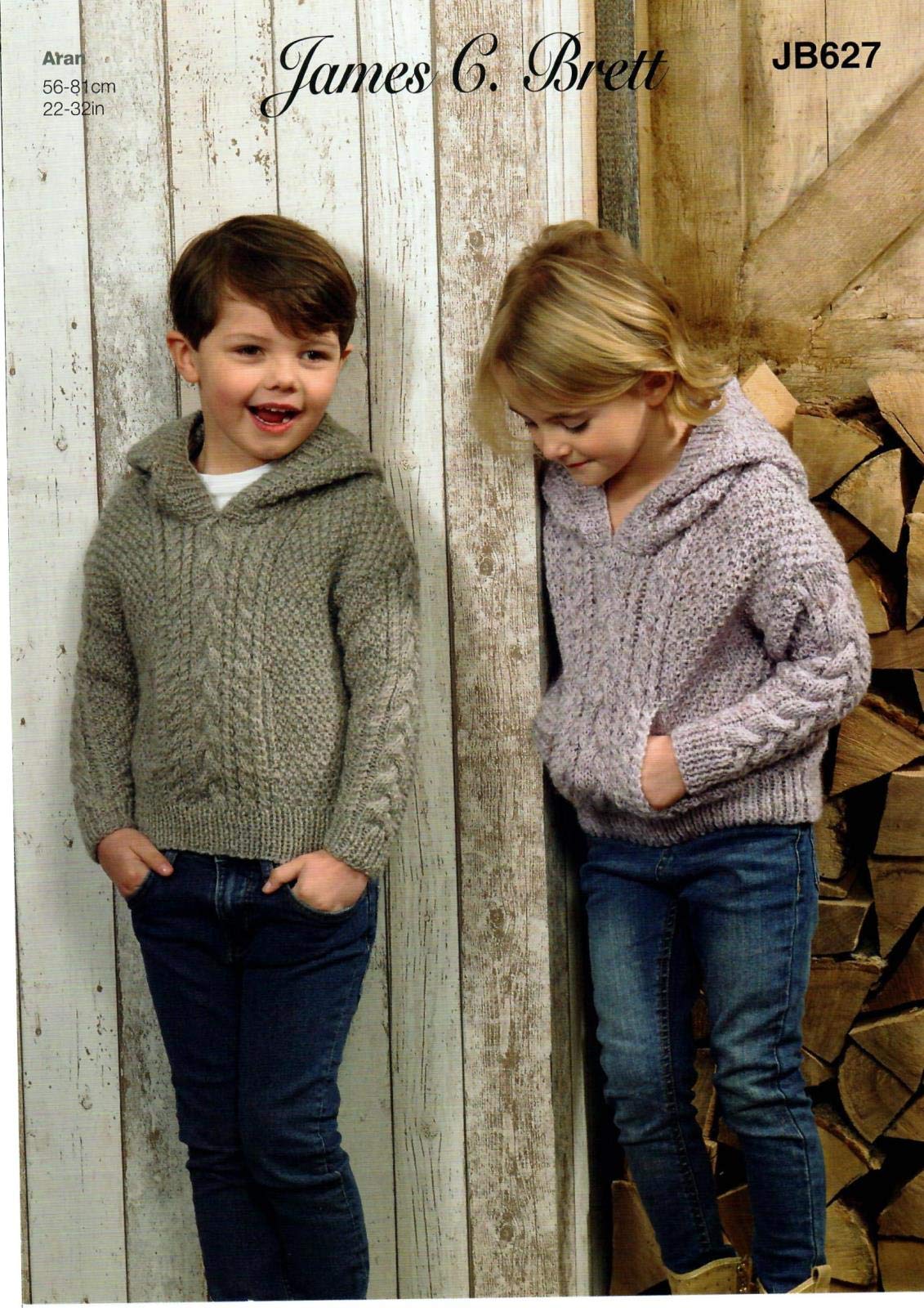 James C. Brett Multicoloured Jb627 Knitting Pattern Childrens Hooded Sweater In Rustic Or Aztec Aran
