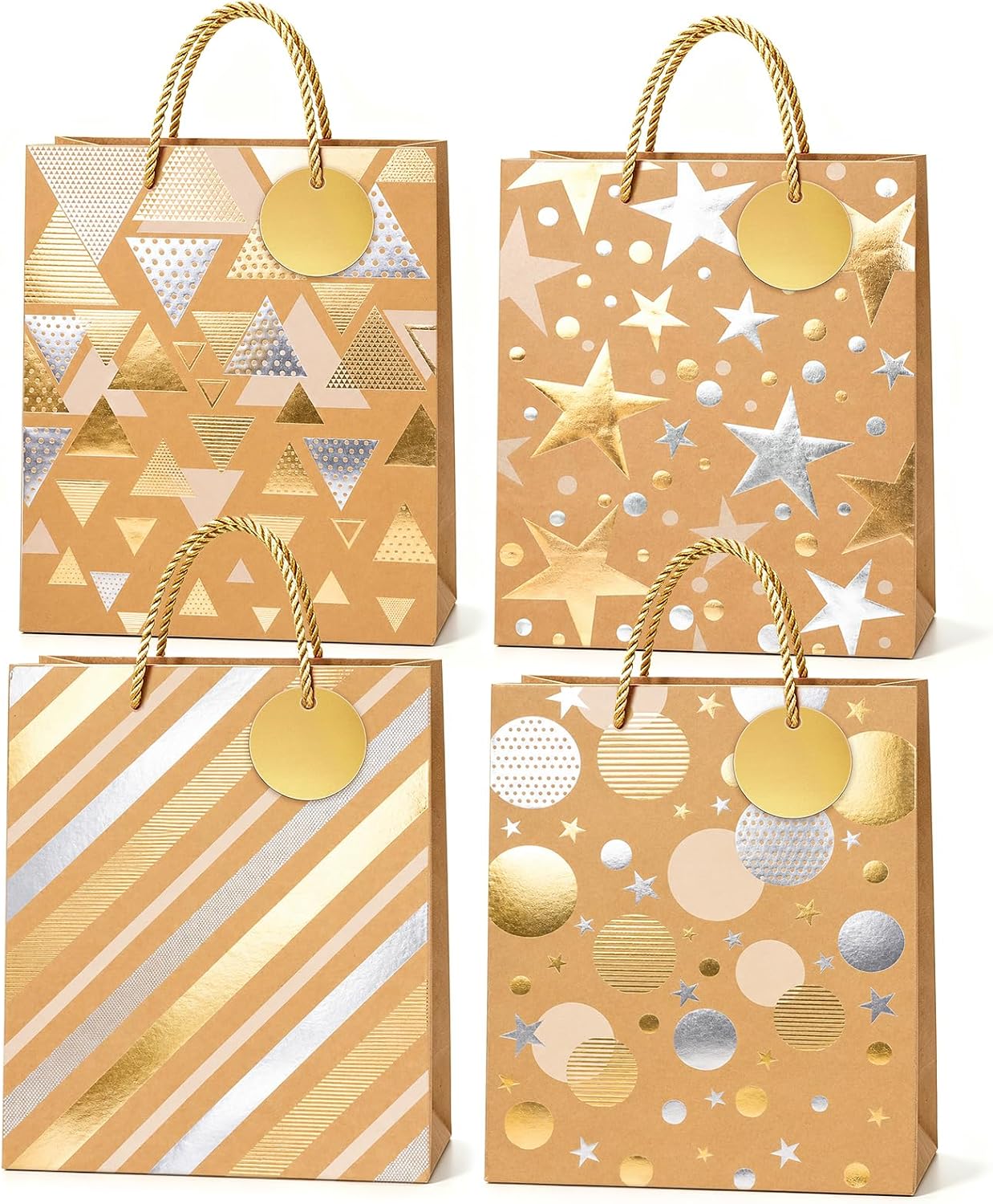 12Pcs Paper Bags with Handles, Christmas Kraft Gift Bags with Four Patterns