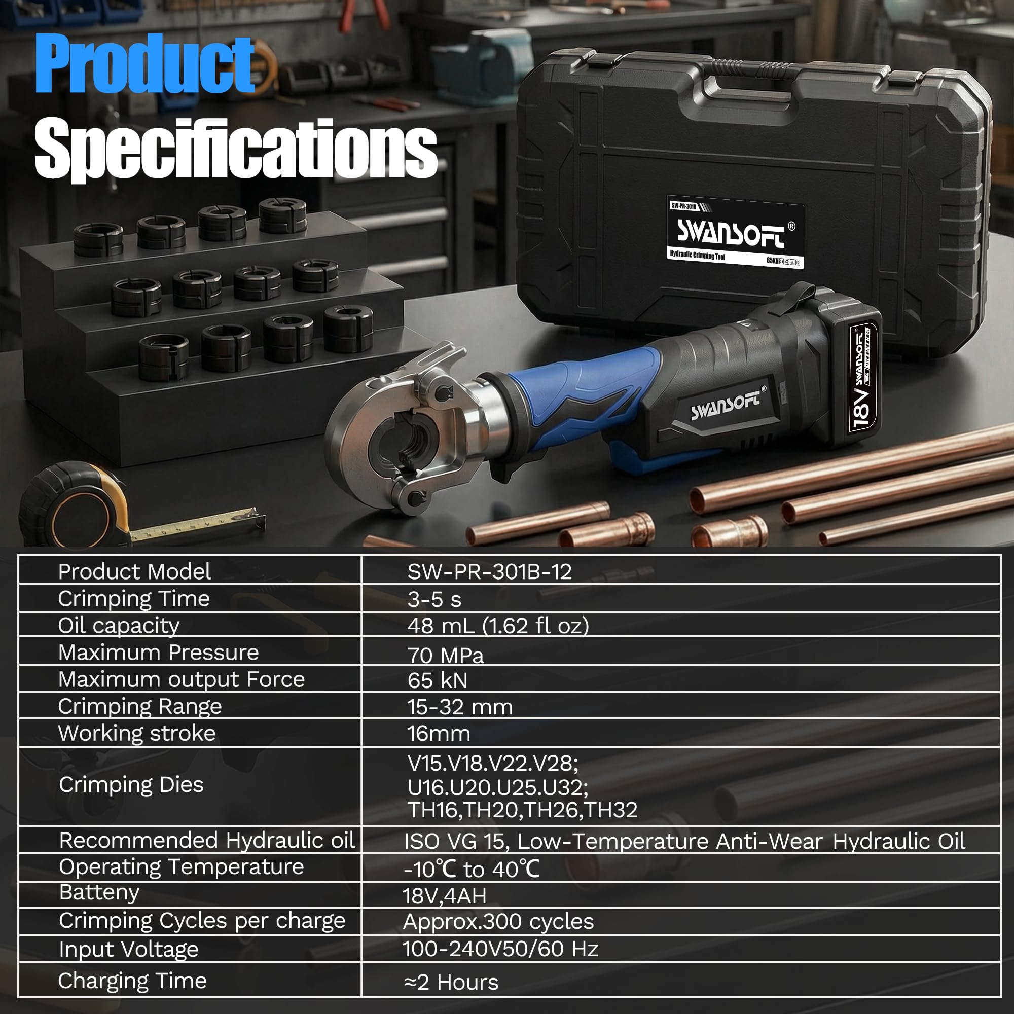 SWANSOFT 18V Prensa Hidráulica Eléctrica para Tubos con Perfil V/U/TH, Alicates de Prensa Hidráulica a Batería para Tuberías, Kit Completo con 12 Matrices V15-18-22-28 U16-20-25-32 TH16-20-26-32