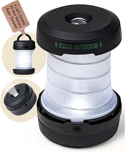 egoz Linterna LED compacta plegable para campamento, color negro, funciona con pilas, linterna portátil desplegable para equipo de campamento, luz