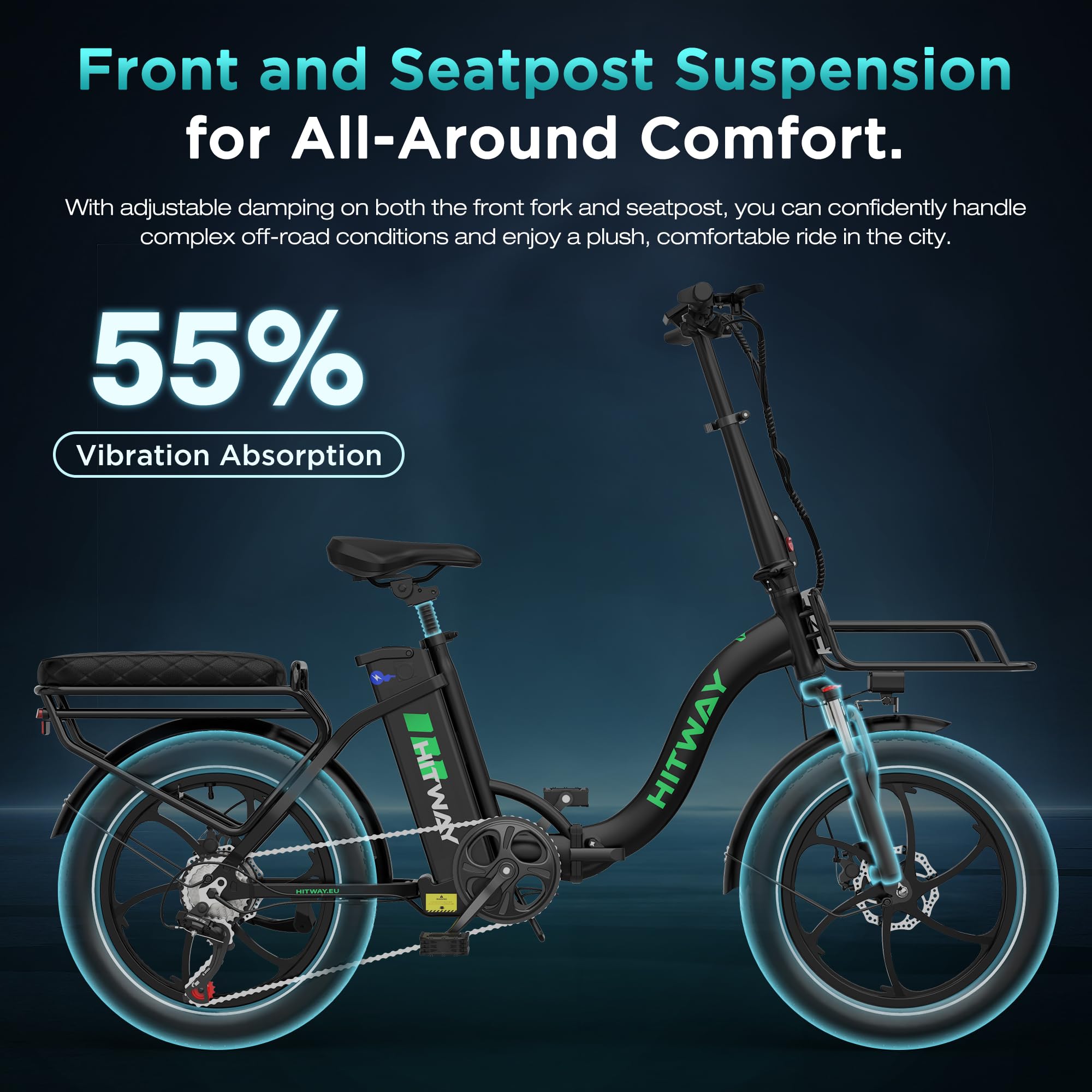 HITWAY Bici Elettrica, Bicicletta Elettrica 36V15.6Ah, 250W E Bike da 20 pollici, Autonomia 70-150km, 7 Velocità, Controllo APP, Bici Elettrica Pieghevole