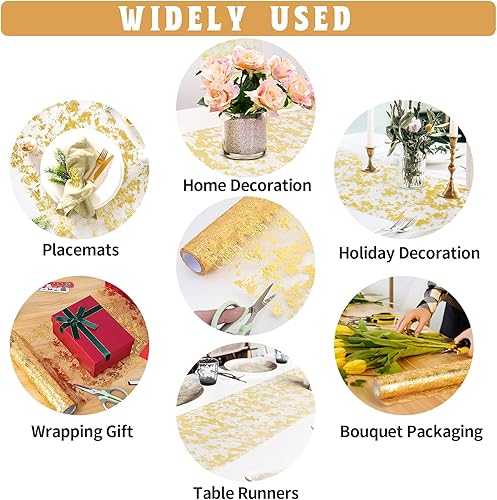 Miniatura 6 de Camino dorado para mesa, rollo de camino de mesa de malla fina metálica de lentejuelas de 11 x 108 pulgadas, camino de mesa dorado fácil de cortar