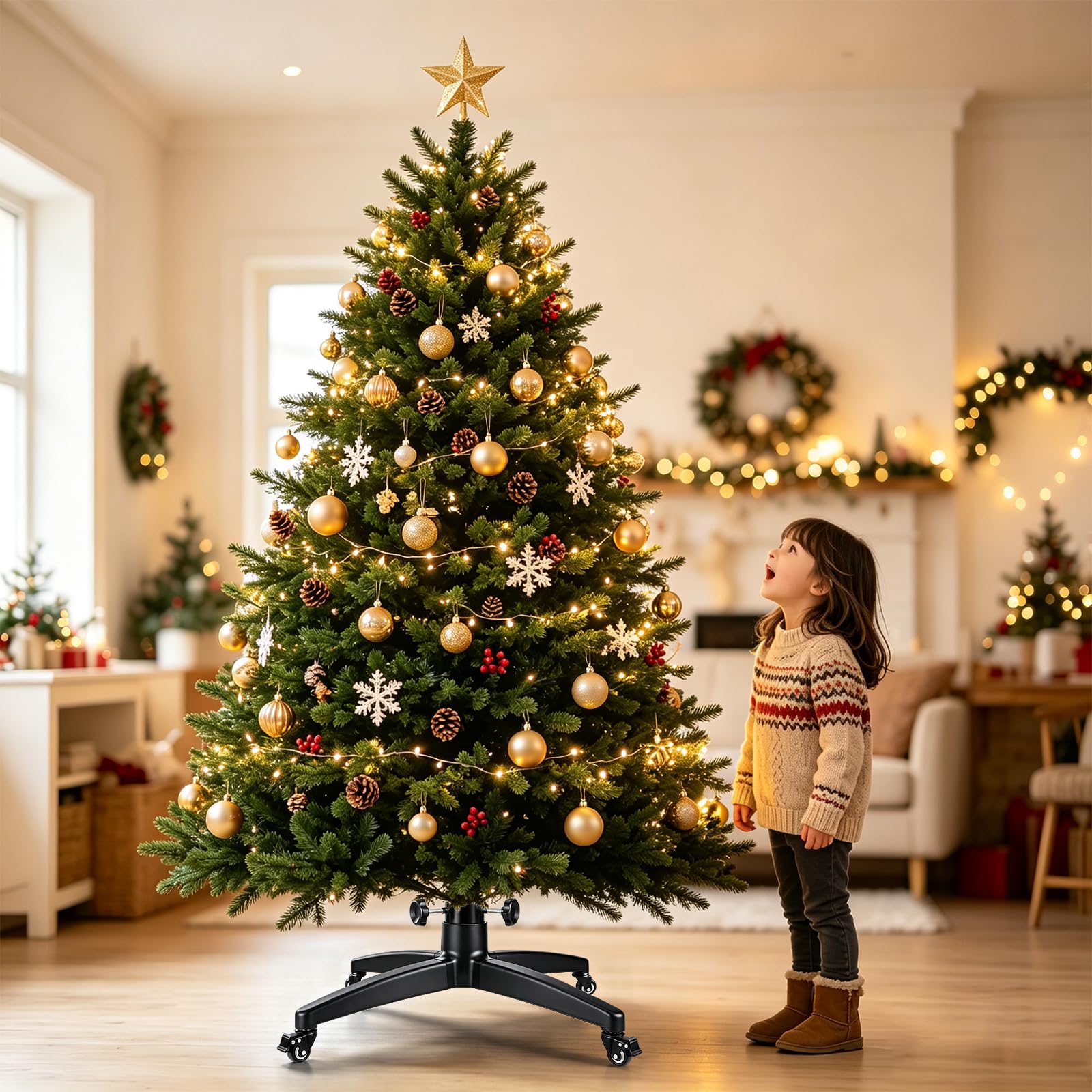 Base de repuesto para árbol de Navidad artificial rodante con ruedas, soporte universal resistente para árbol de Navidad de hasta 7.5 pies