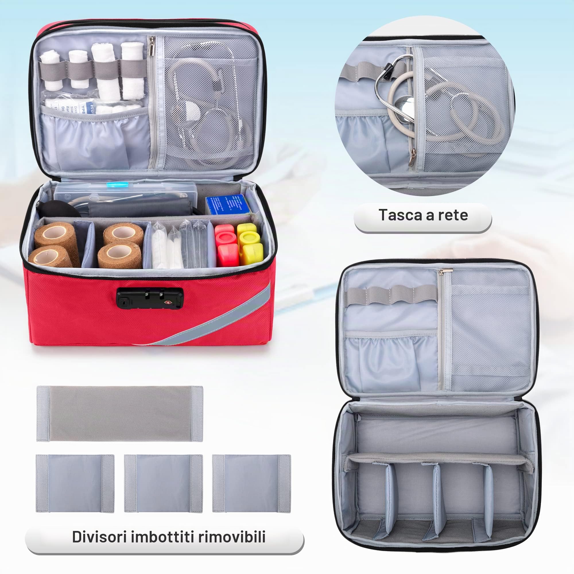 Trunab Borsa Medica Piccola con Lucchetto a Combinazione, Borsa da Viaggio Medica Chiudibile con Mini Custodia per Casa, Viaggio, Emergenza, Rosso (Borsa Vuota), Design Brevettato