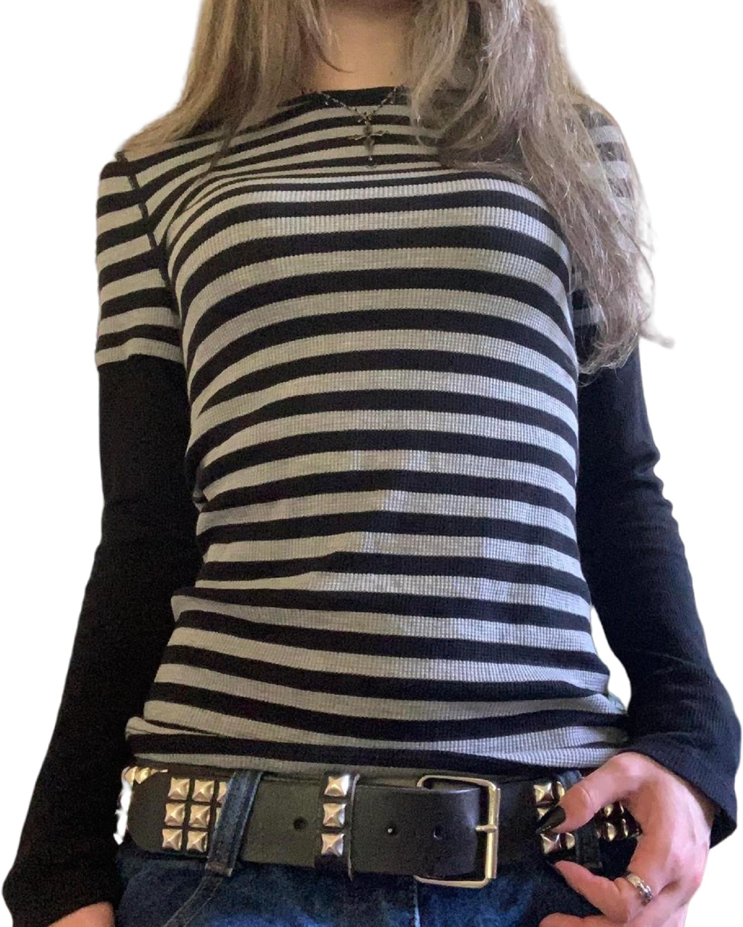 Women Striped Shirts Grunge Gothic Harajuku Aesthetic Tee Slim Fit Long Sleeve Top Y2k Clothes Going Out Tops