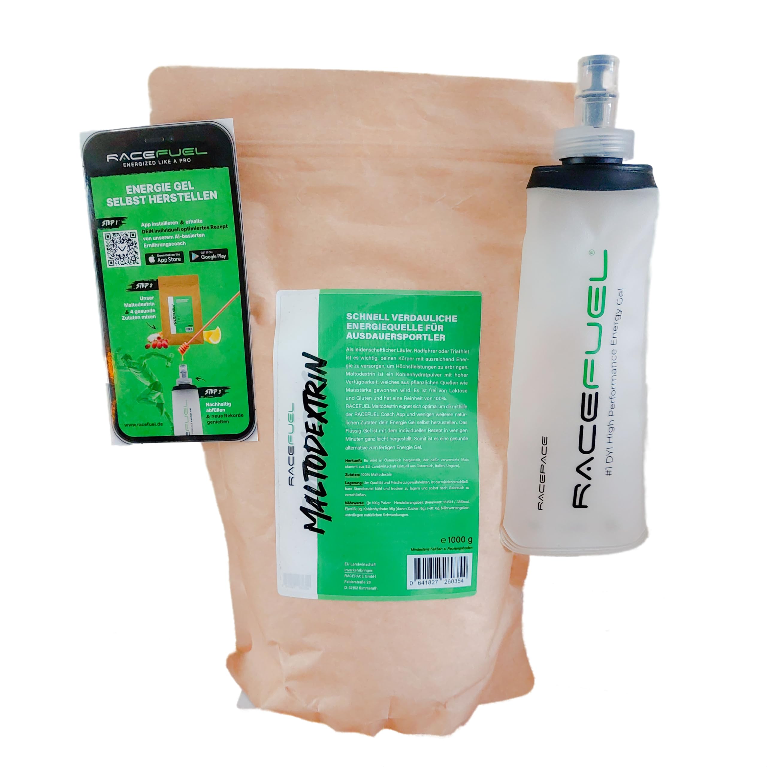 RaceFuel Energy Gel Kit zum Selbermachen für 84x32ml High-Performance Liquid Gel, 100% natürlich & veganes Energie-Gel, inkl. Rezeptrechner und 250ml faltbare Trinkflasche, Soft Flask, Gel for Energy
