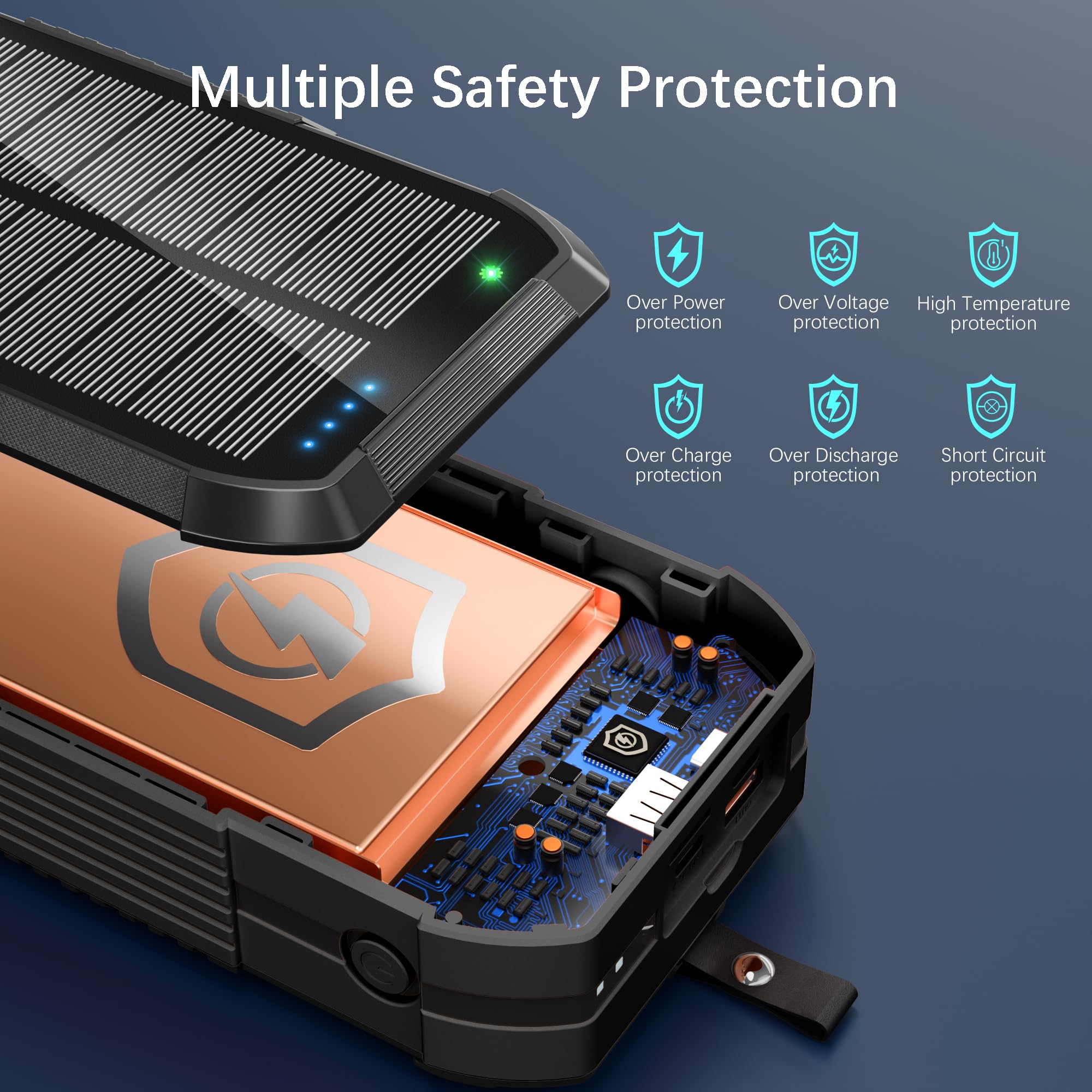 Batería externa inalámbrica solar de 70000 mAh integrada en 2 cables y manivela, cargador portátil de 30 W, cargador rápido, 6 salidas y 4 entradas, batería externa con linterna brillante
