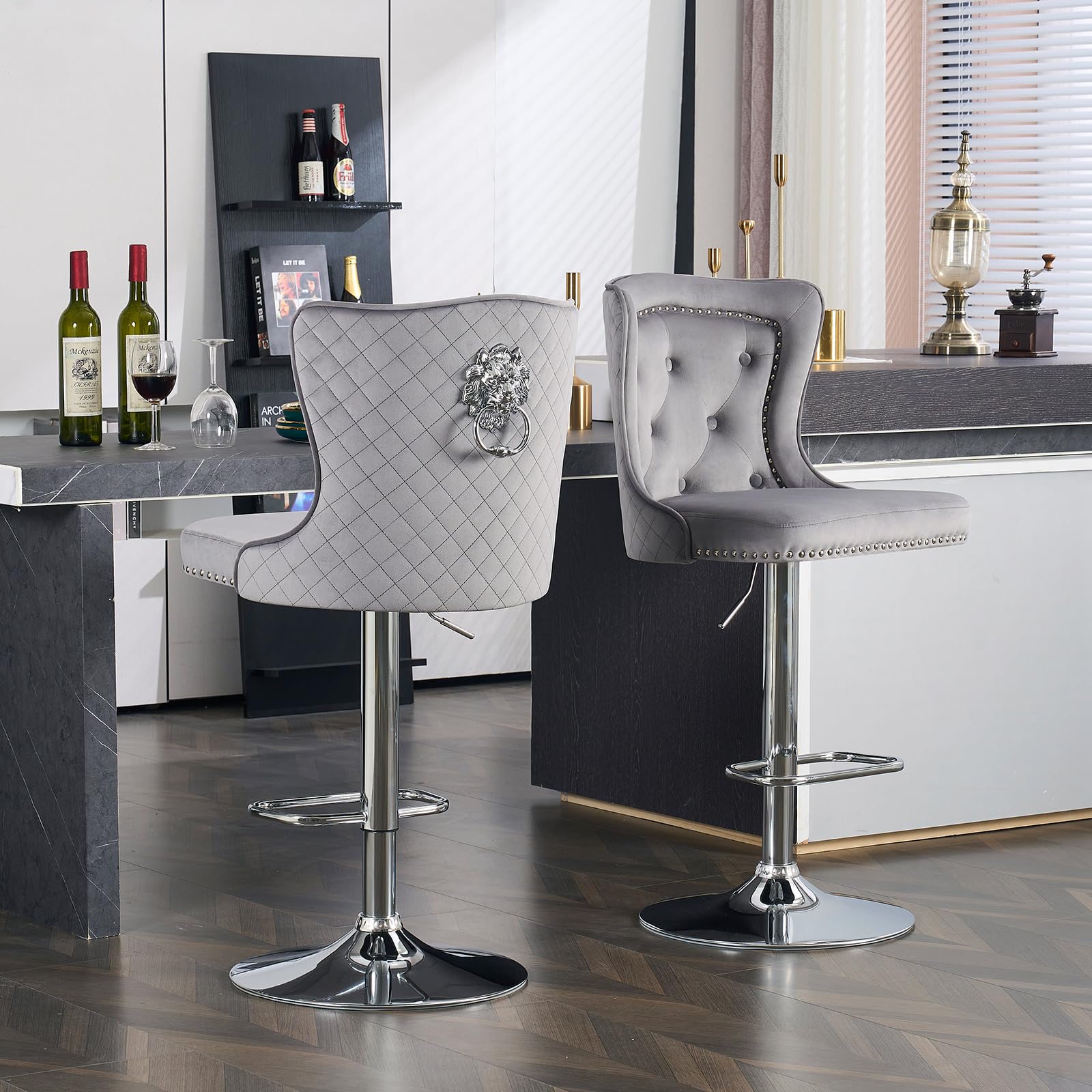 Orirsnug Velvet Tufted Barstools Set of 2 Adjustable Breakfast Bar Stools,Counter Modern High Chair with Lion Knocker,Suitable for Bars Kitchens and Breakfast Counters,Light Grey