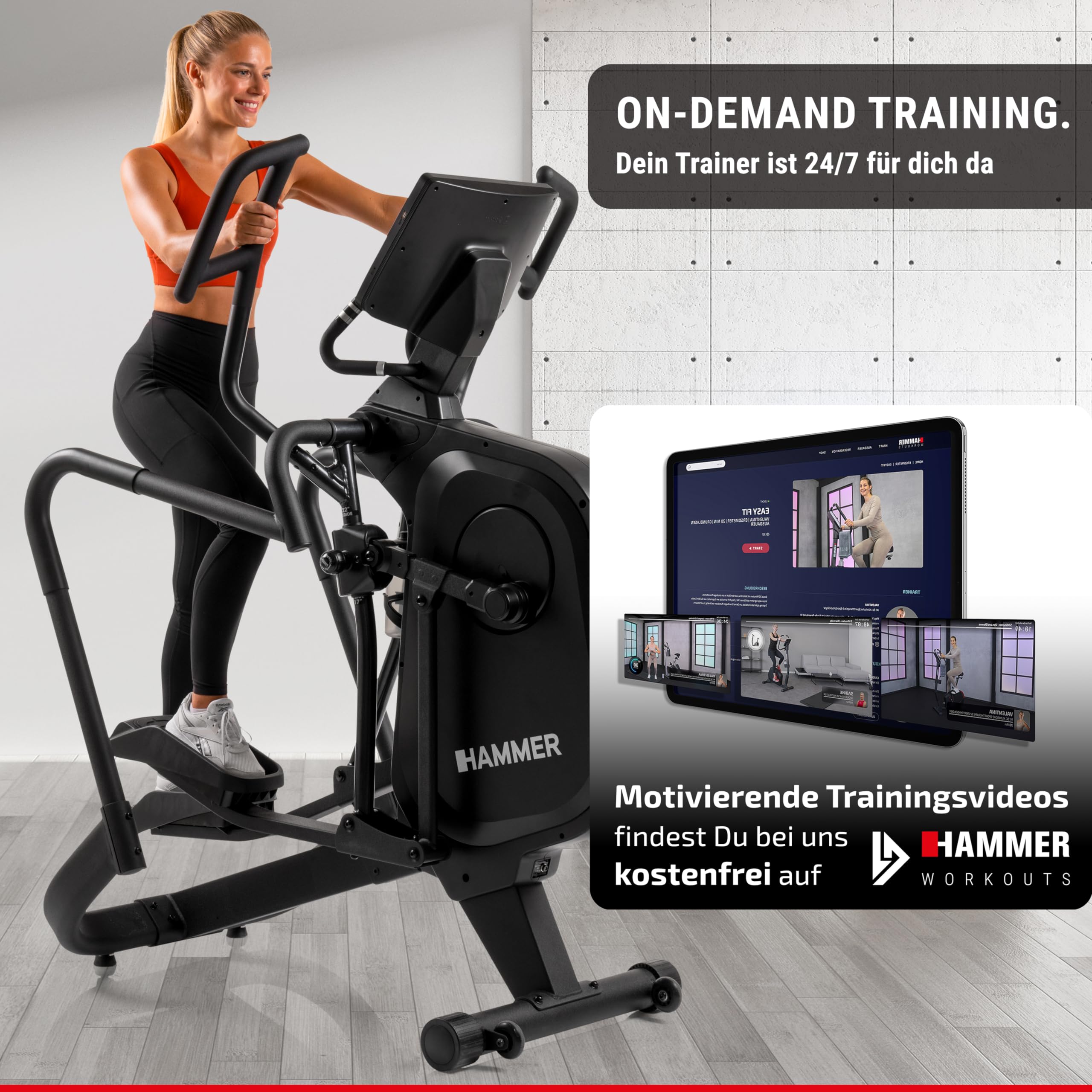 HAMMER Finnlo Ellipsentrainer Fly RX – 21 Programme, Kinomap kompatibel - Trainingsgeräte für Zuhause mit 12 kg Schwungmasse, Frei schwingende Trittflächen, 10" TFT-Touchscreen