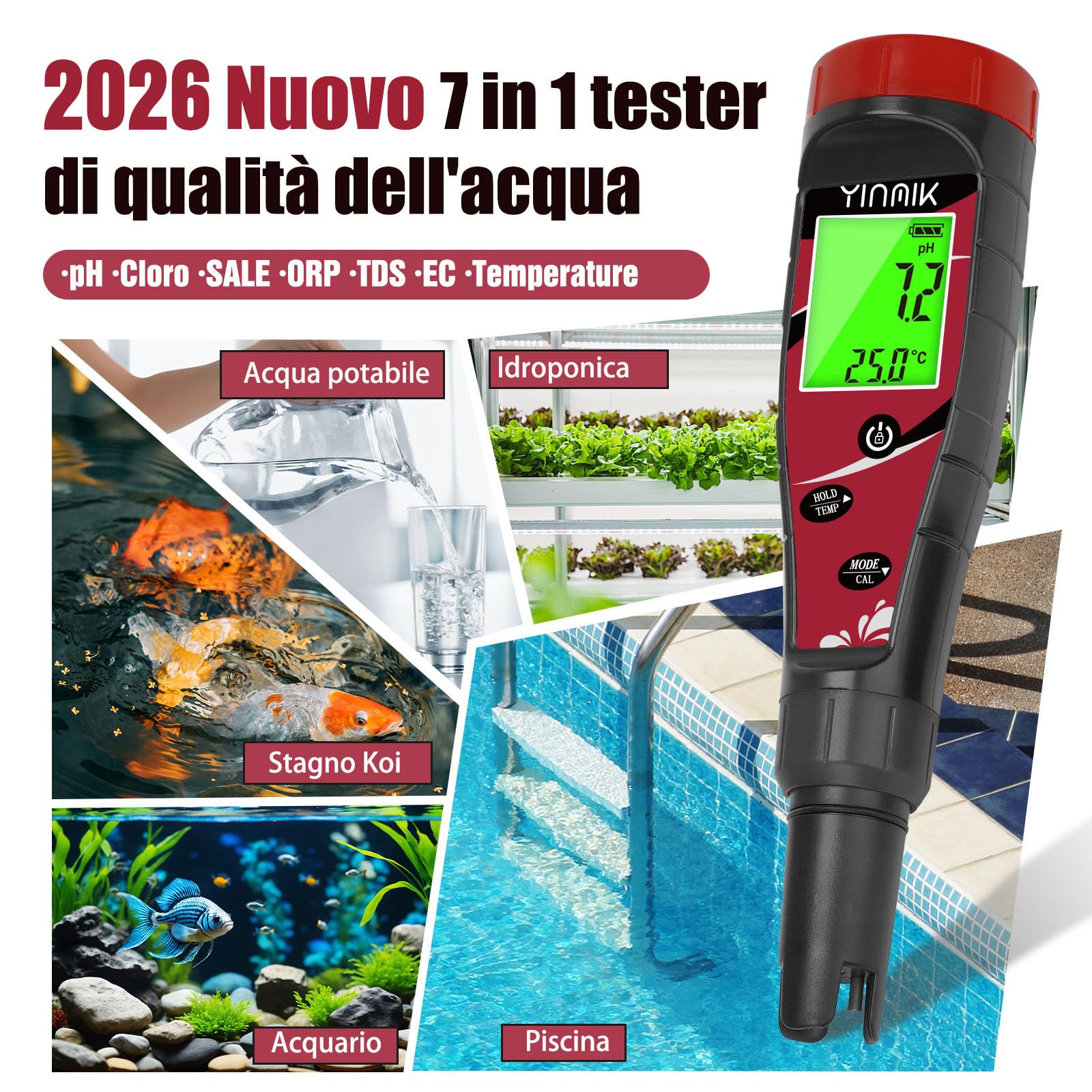 YINMIK Test Piscina pH e Cloro Digitale 7 in 1 Misuratore Salinita Piscina | Kit automatico ph e cloro piscina per piscina, Vasca idromassaggio, Acquario, Idroponica e acqua potabile
