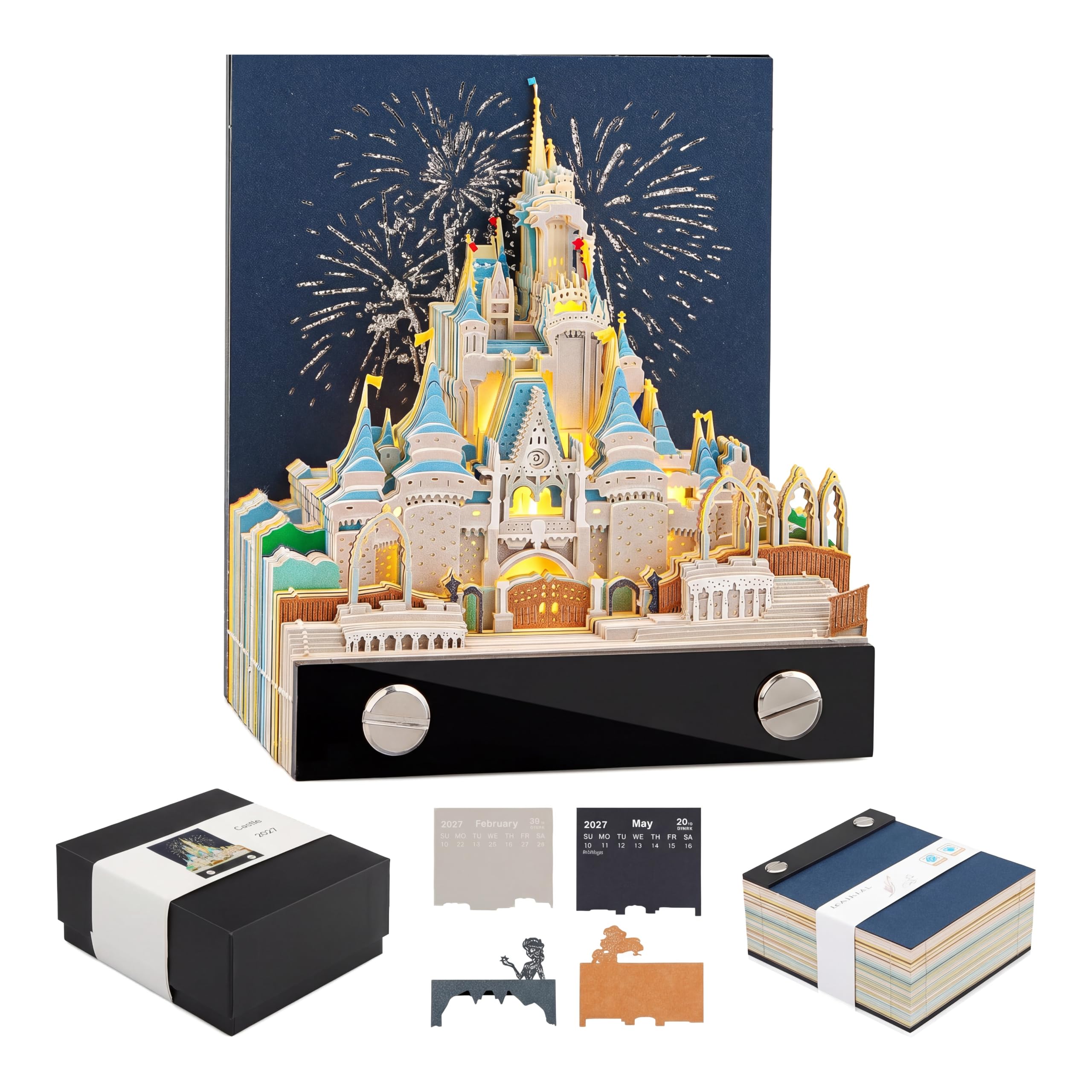 2027 3D Tear Off Calendario de Mesa Castle, 3D Castle Creative Notas de Bricolaje, Bloc Notas 3D con Luz, Calendario Semanal 3D Bloc Notas, Escultura de Papel Creativa