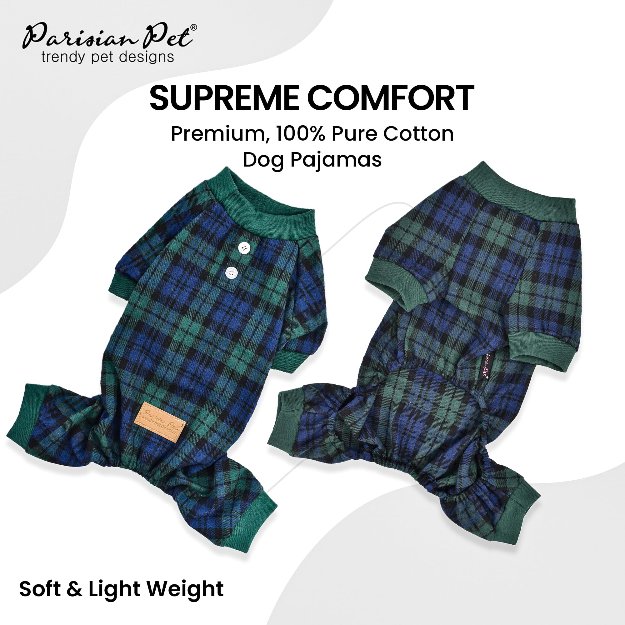 Parisian Pet Green Plaid Stretchable Dog Pajamas - Large (2XL) and above - Unisex - Cotton Material - Machine Washable - Perfect for Large Breeds - Winter Season
