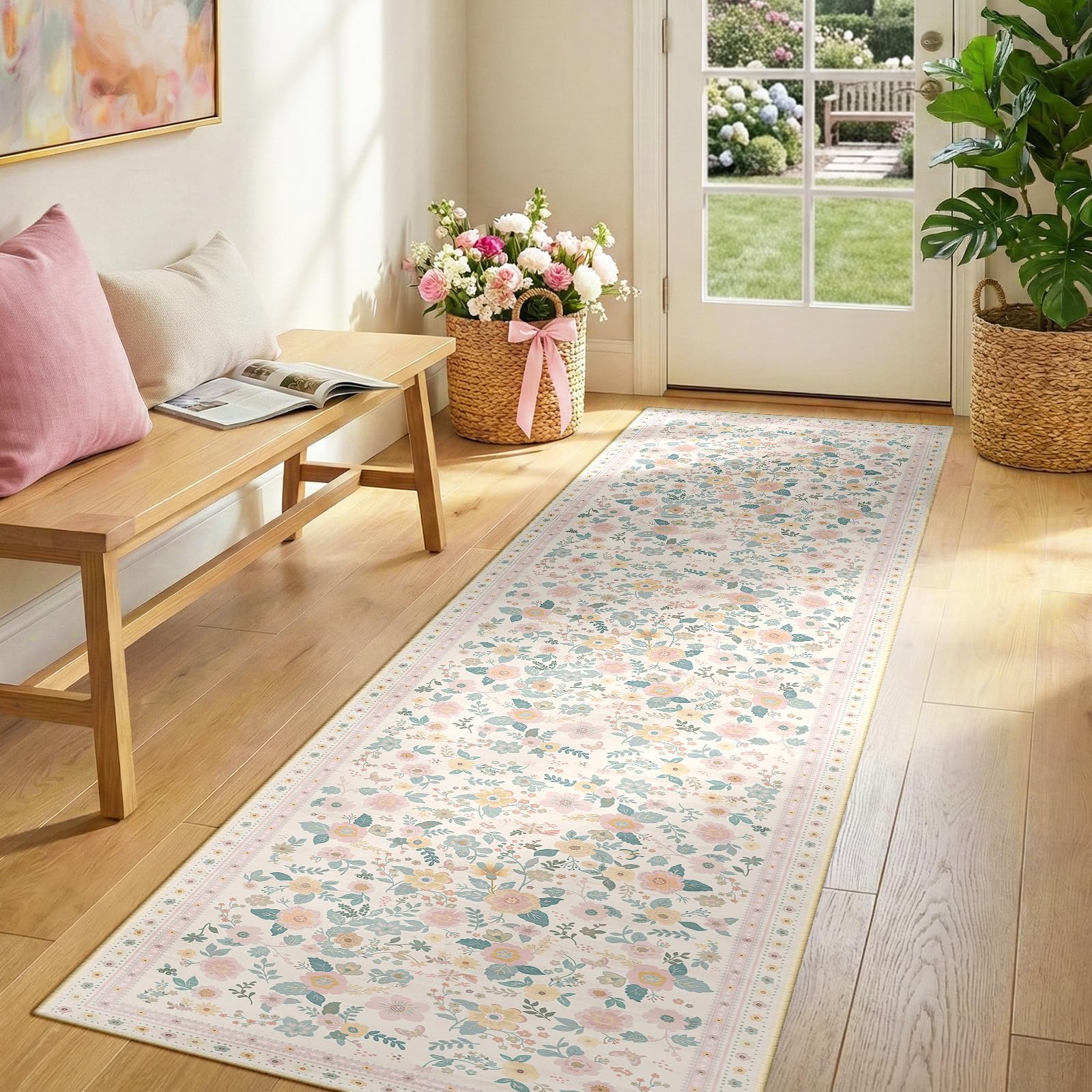 INOVADAY Waschbarer Teppich Boho Stil Kurzflor rutschfest Blumen Print Design Teppich für Wohnzimmer Schlafzimmer Esszimmer Büro Küche Flur Eingangshalle Badezimmer