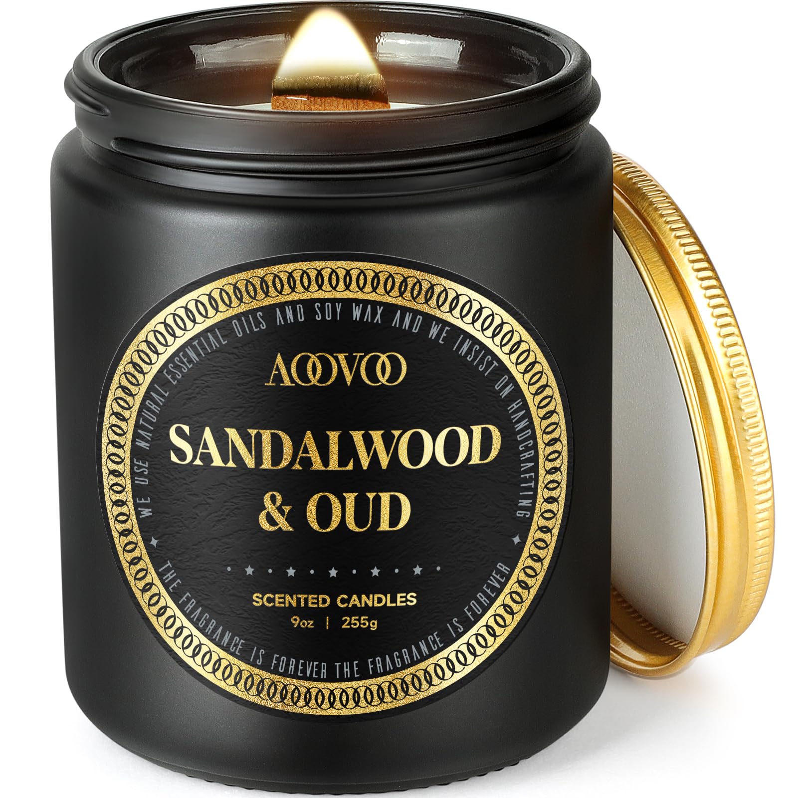 AOOVOO Scented Candles for Men - Oud & Sandalwood Candle for Home Scented - 9 Oz Soy Wax Wood Wicked Candles | Men Candle | Highly Scented & Long Lasting