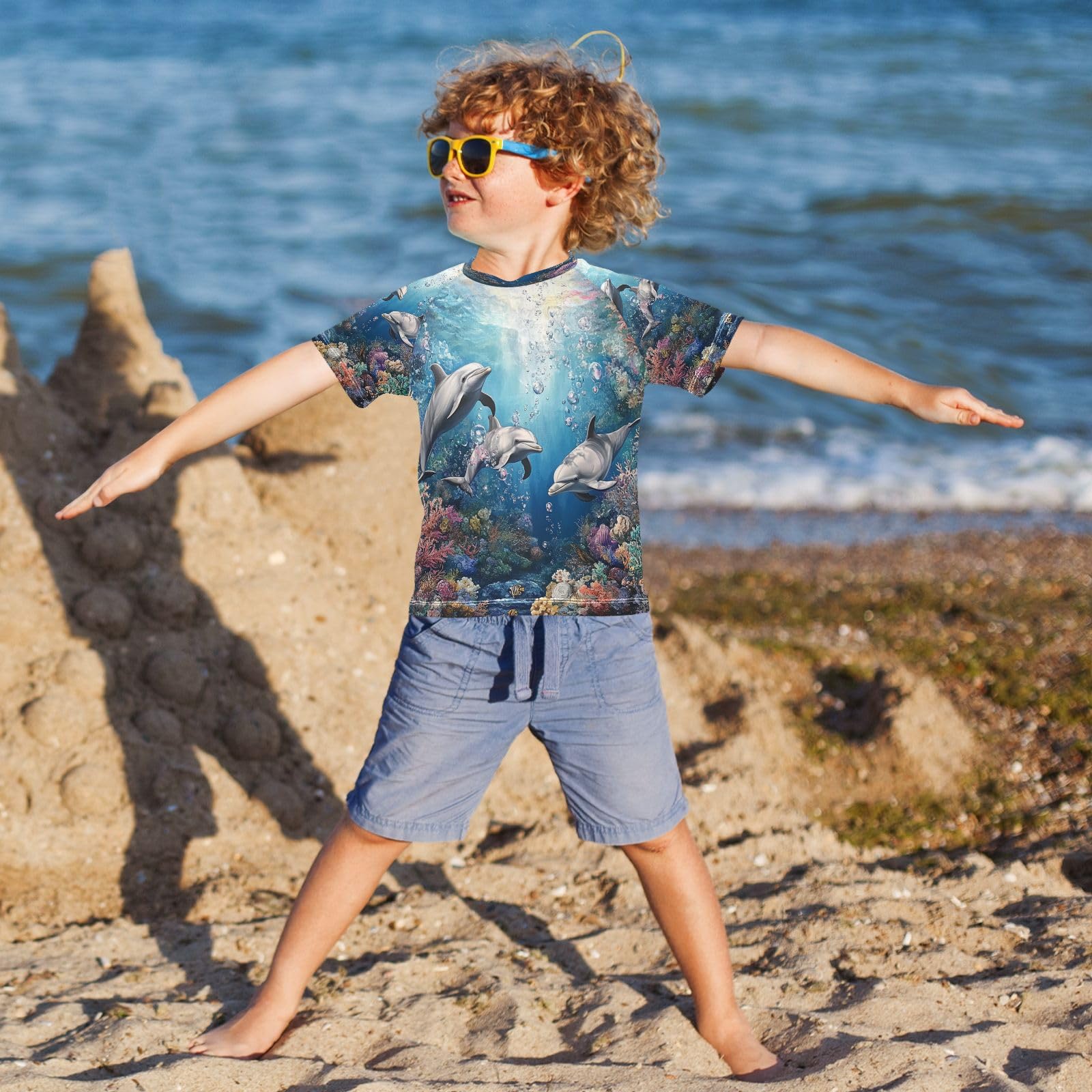 Boys Sun Shirts UV Protection Short Sleeve Rash Guard Swim Shirt Dolphin Water Shirt Rashguard 4T,022
