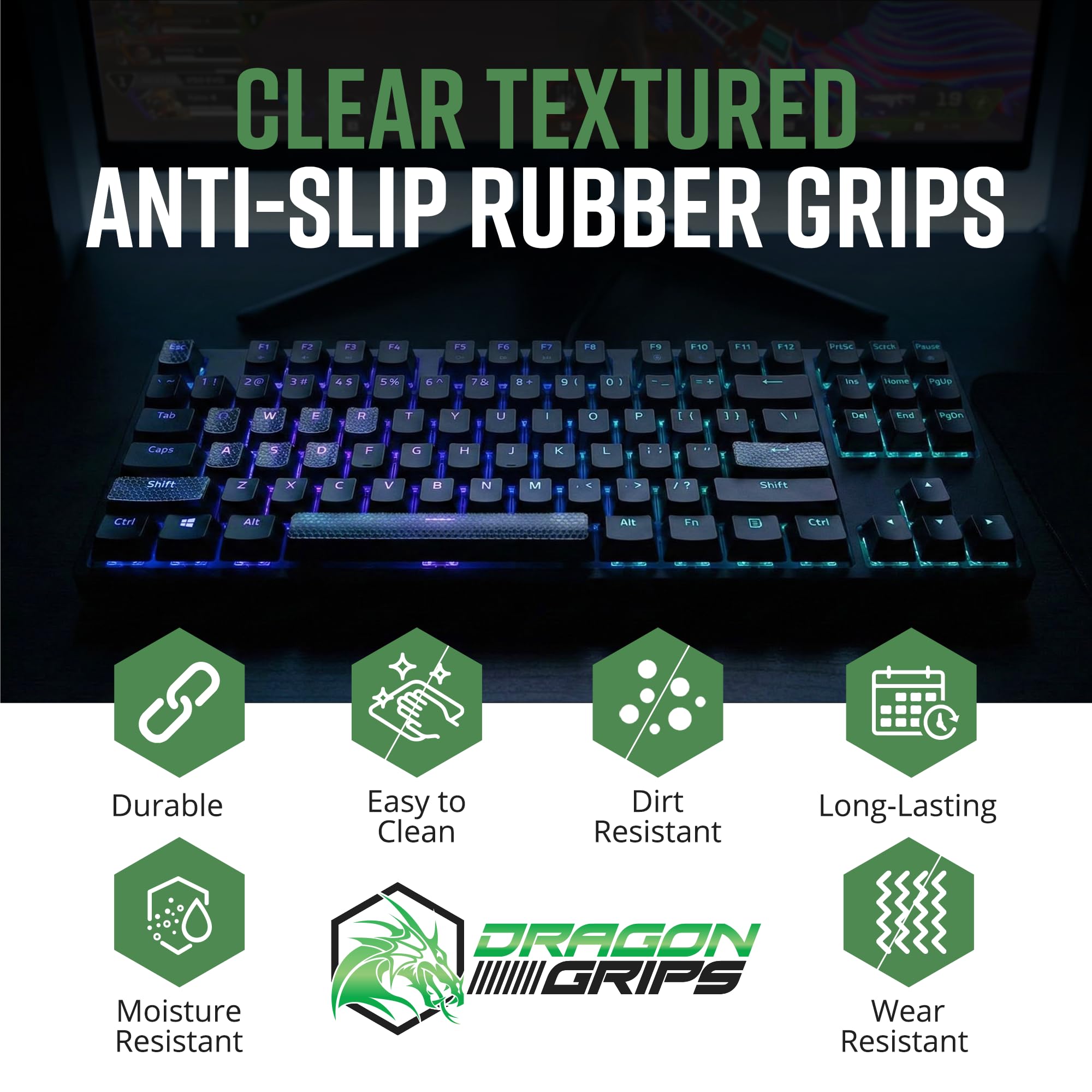 Dragon Grips Juego de 35 empuñaduras de teclado para juegos, calcomanías de goma para teclas y cinta de agarre para mouse, superposiciones antideslizantes transparentes para teclas retroiluminadas RGB