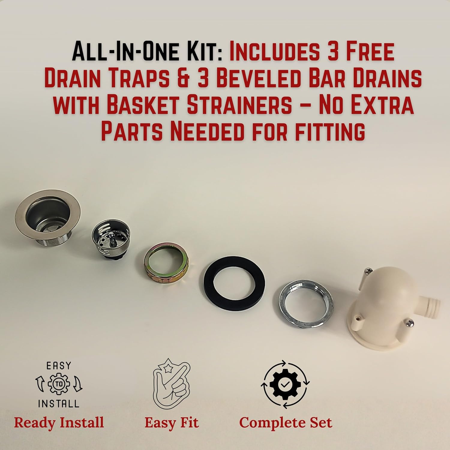 3 Large Compartment Drop-in Stainless Steel Concession Sink - Includes 3 Bar Drains & Free Drain Traps – Portable Hand-Washing Station for Food Trucks & Trailers