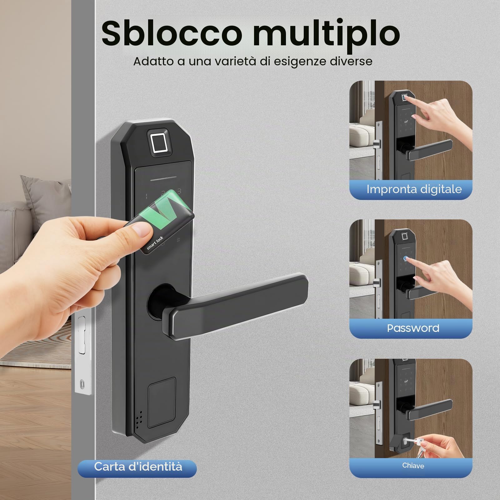 Serratura per porta con impronte digitali, modello interno, elettronico, codice PIN intelligente, robusta lega di zinco, accesso senza chiave, adatta per appartamenti e uffici, touch screen, 200