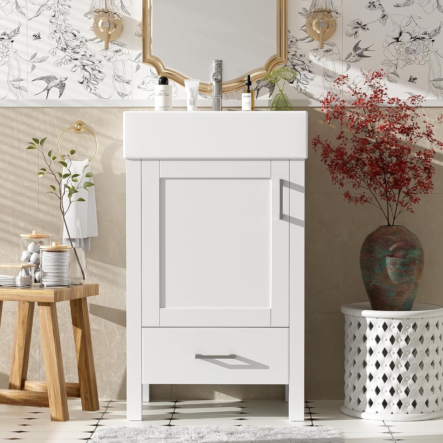 20-inch Bathroom Vanity with Sink Combo Set, Free Standing Single Storage Cabinet with Soft Closing Doors & One Drawer, Solid Wood Vanity Organizer with Ceramic Basin for Bathroom, White