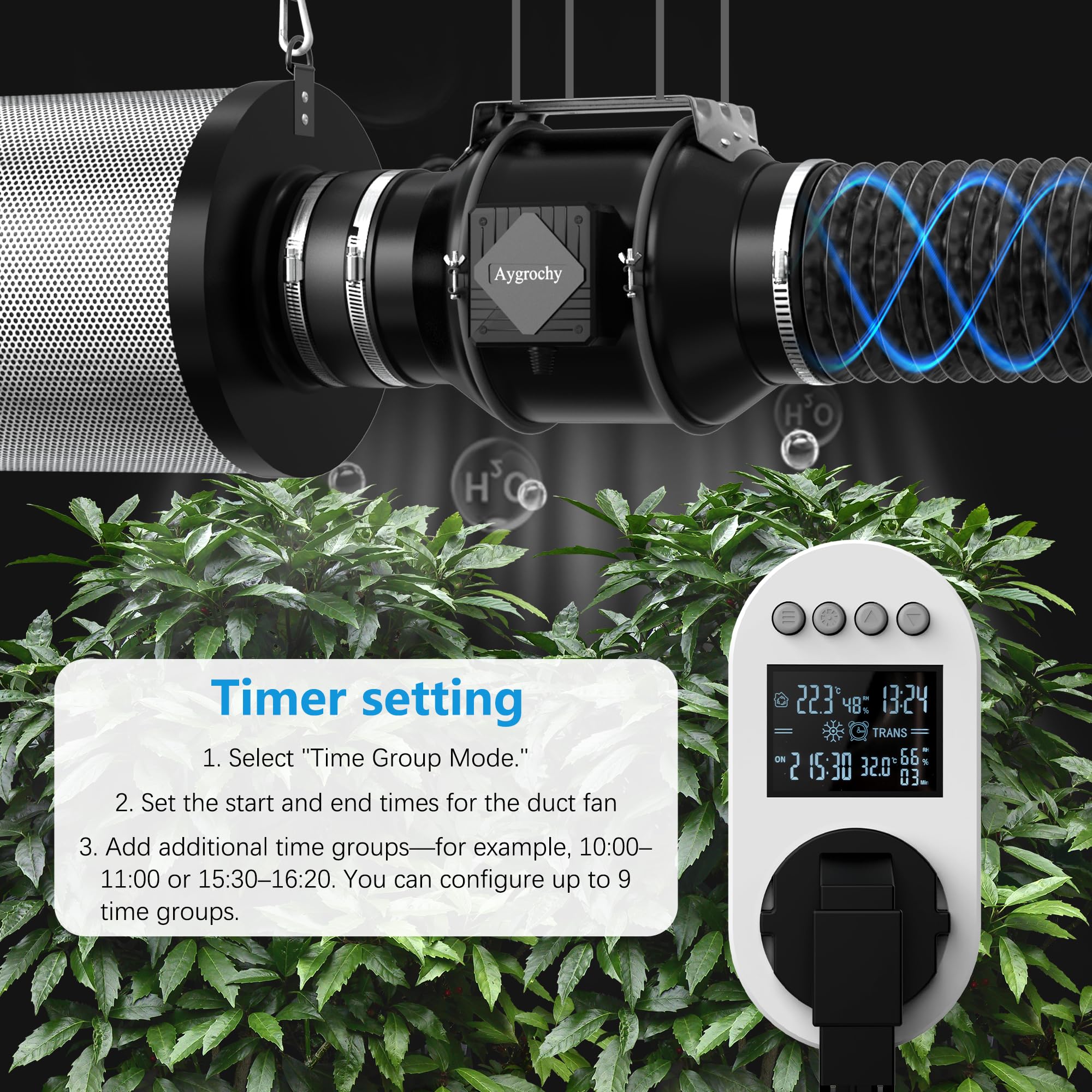 Aygrochy 150mm Rohrventilator EC Lüfter regelbar leise für Abluft | Steckdose mit Timer, nachlauf, Temperatursensor und Feuchtigkeitssensor, für Wintergarten Growzelte Keller